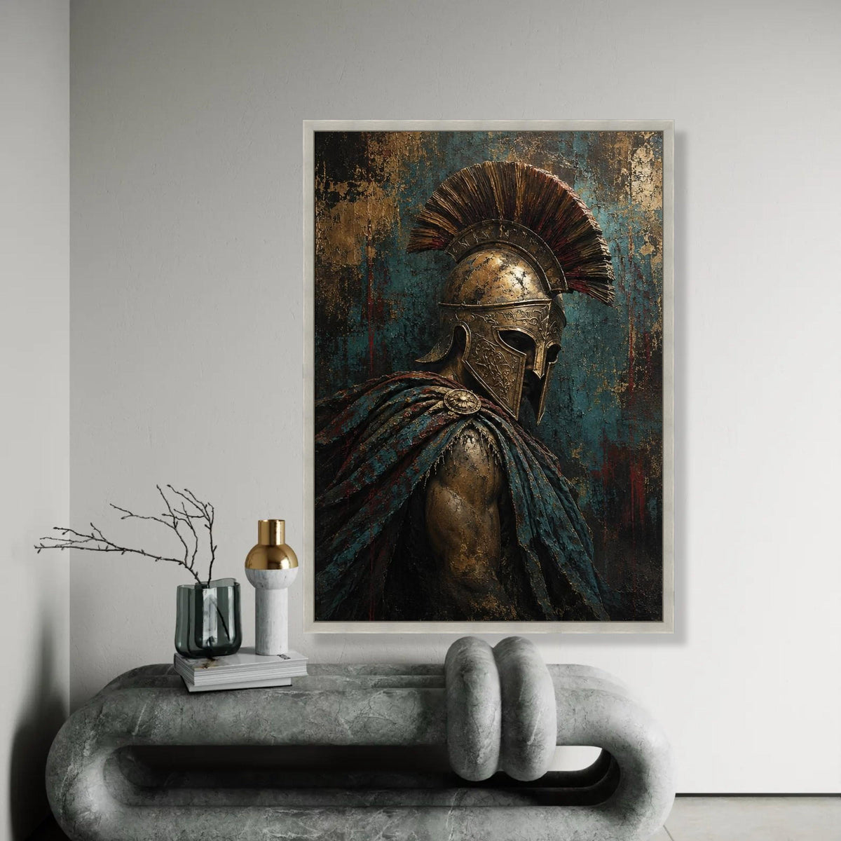 Ancient Spartan Warrior Canvas, Gladiator Helmet Wall Art, Historical Armor Decoration, Vintage Battle Scene Ready To Hang Decoration