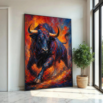 Charging Bull Canvas Wall Art, Vibrant Abstract Animal Painting, Bold Wildlife Decor, Colorful Bull Artwork on Ready To Hang Decoration
