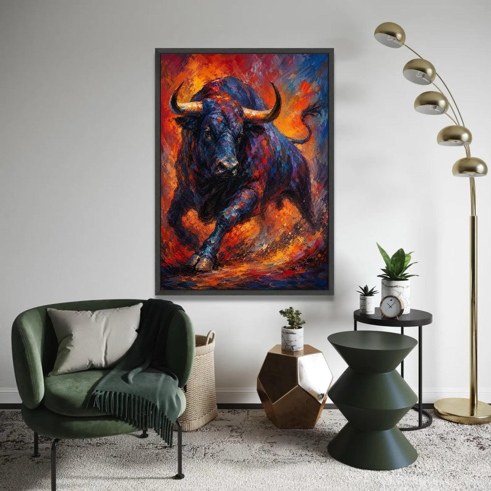 Charging Bull Canvas Wall Art, Vibrant Abstract Animal Painting, Bold Wildlife Decor, Colorful Bull Artwork on Ready To Hang Decoration