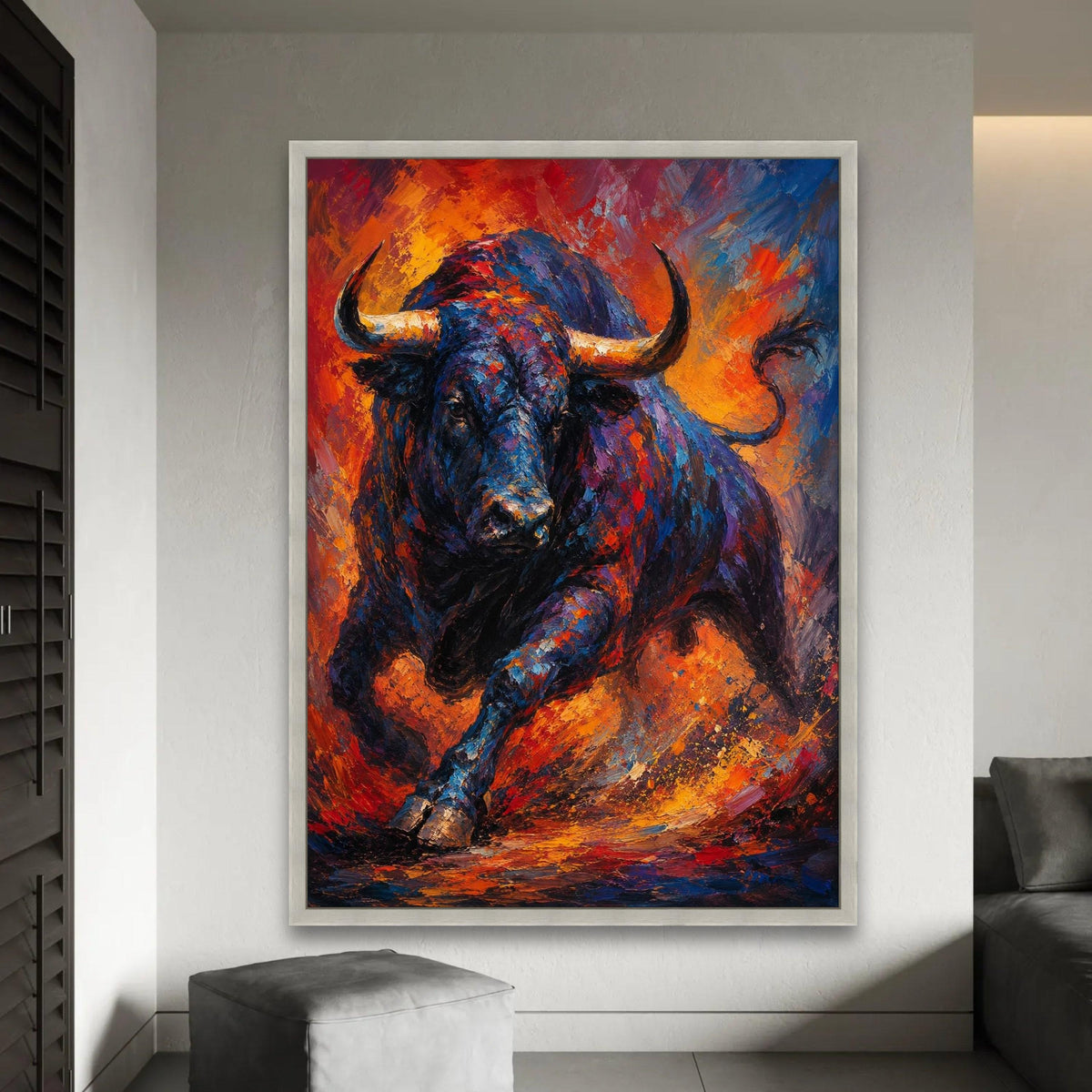 Charging Bull Canvas Wall Art, Vibrant Abstract Animal Painting, Bold Wildlife Decor, Colorful Bull Artwork on Ready To Hang Decoration