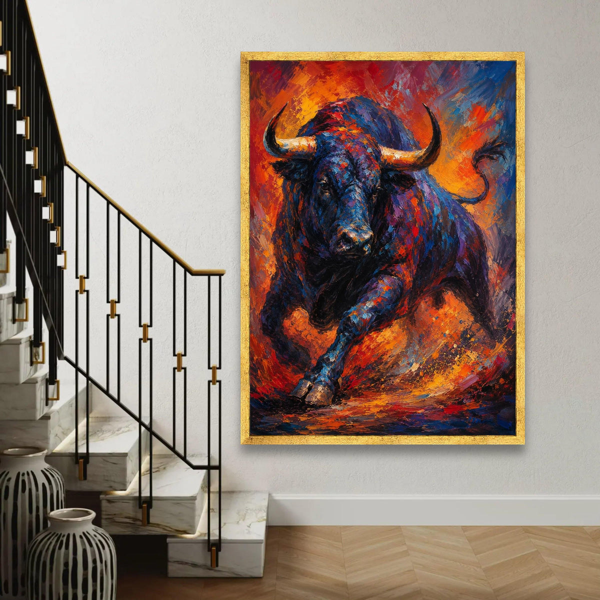 Charging Bull Canvas Wall Art, Vibrant Abstract Animal Painting, Bold Wildlife Decor, Colorful Bull Artwork on Ready To Hang Decoration