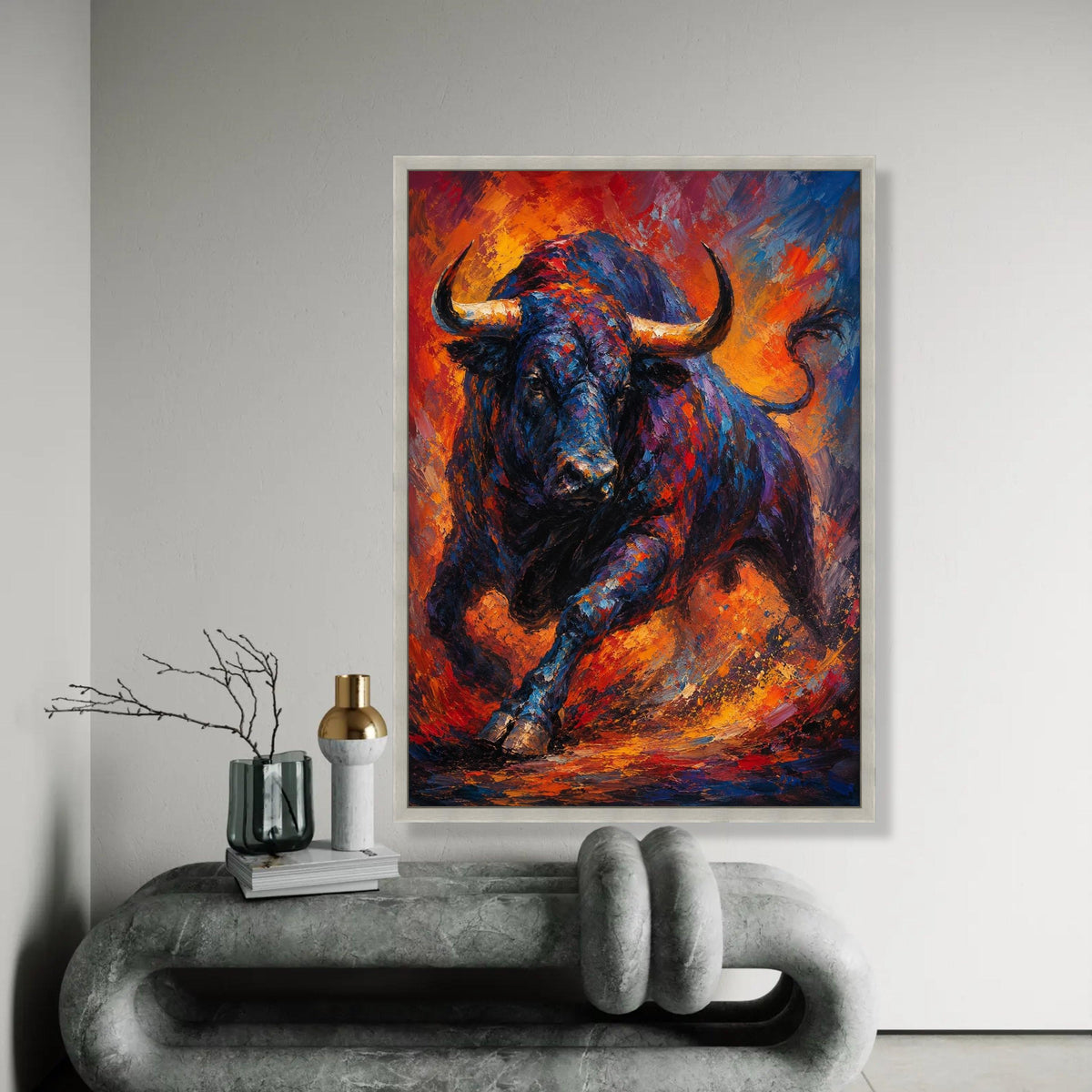 Charging Bull Canvas Wall Art, Vibrant Abstract Animal Painting, Bold Wildlife Decor, Colorful Bull Artwork on Ready To Hang Decoration