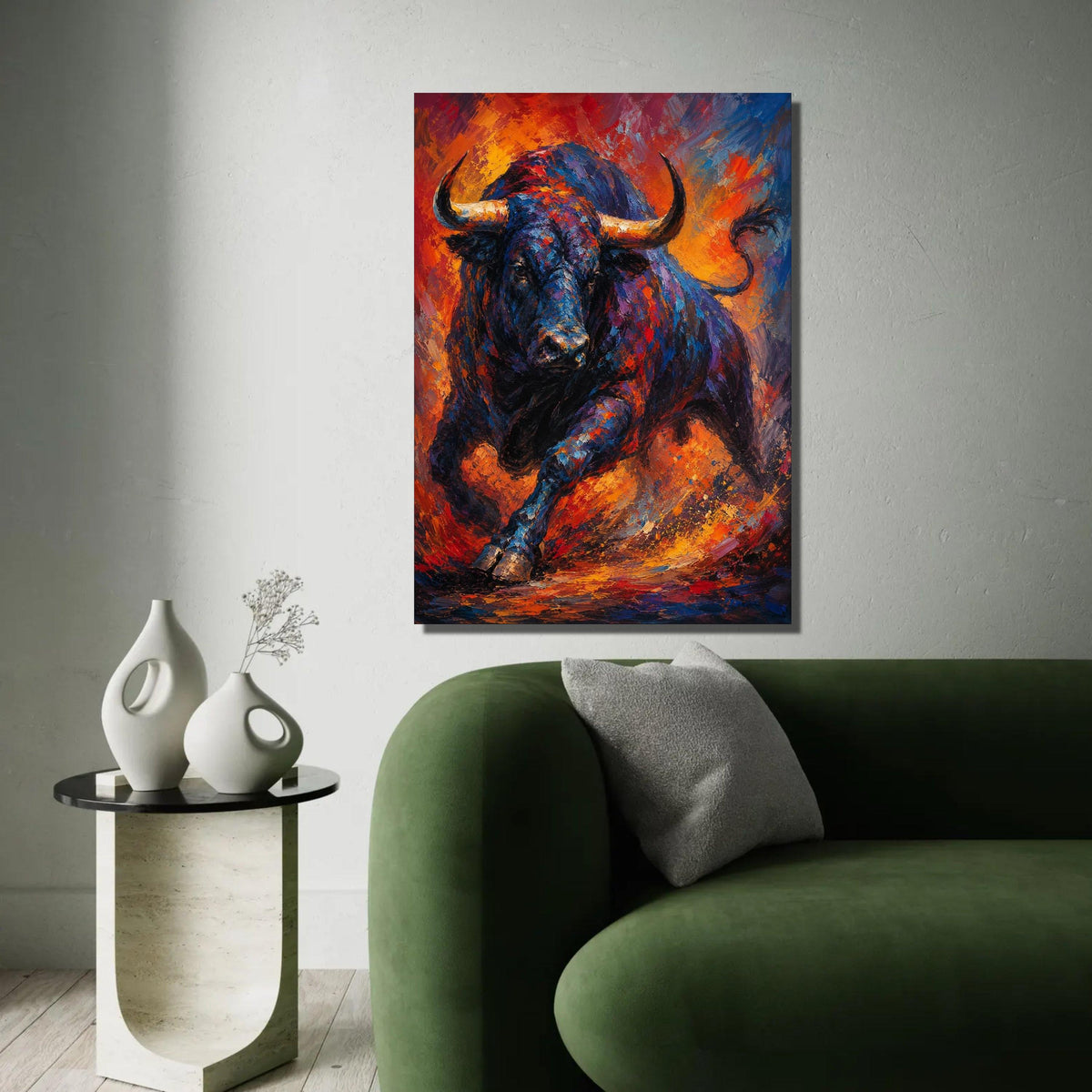 Charging Bull Canvas Wall Art, Vibrant Abstract Animal Painting, Bold Wildlife Decor, Colorful Bull Artwork on Ready To Hang Decoration