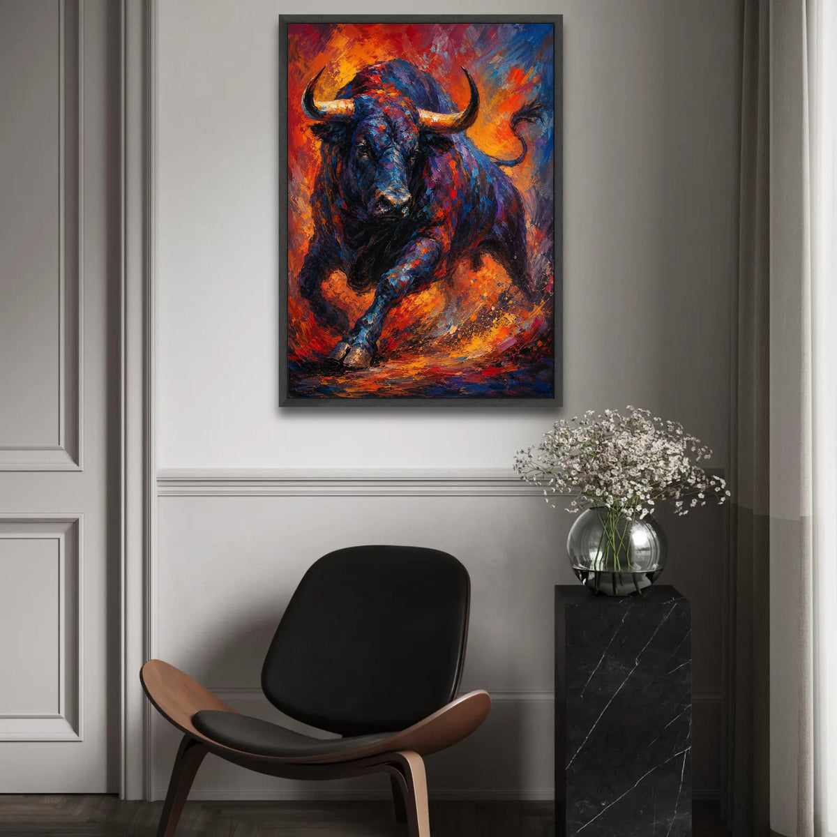 Charging Bull Canvas Wall Art, Vibrant Abstract Animal Painting, Bold Wildlife Decor, Colorful Bull Artwork on Ready To Hang Decoration