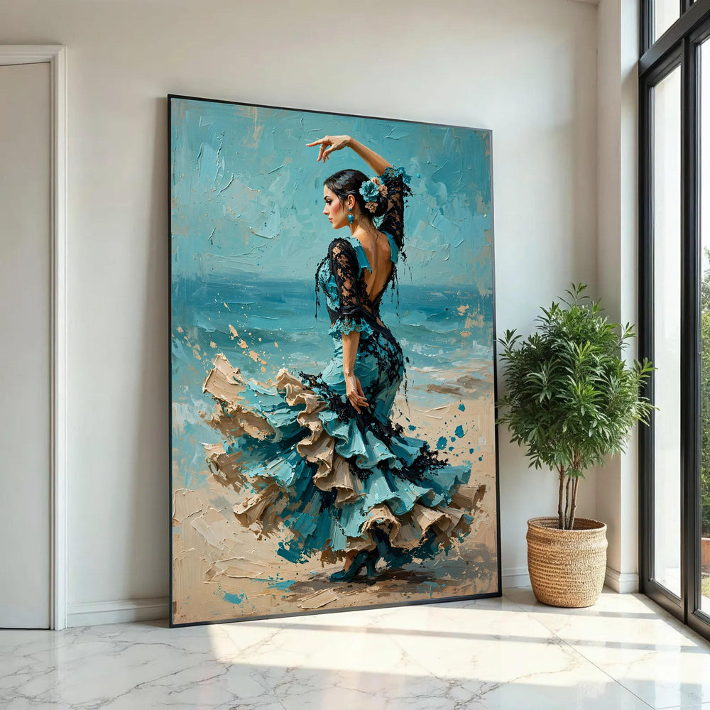 Elegant Flamenco Dancer Canvas Wall Art, Spanish Dance Portrait, Blue Dress Home Decoration, Feminine Movement Ready To Hang Decoration