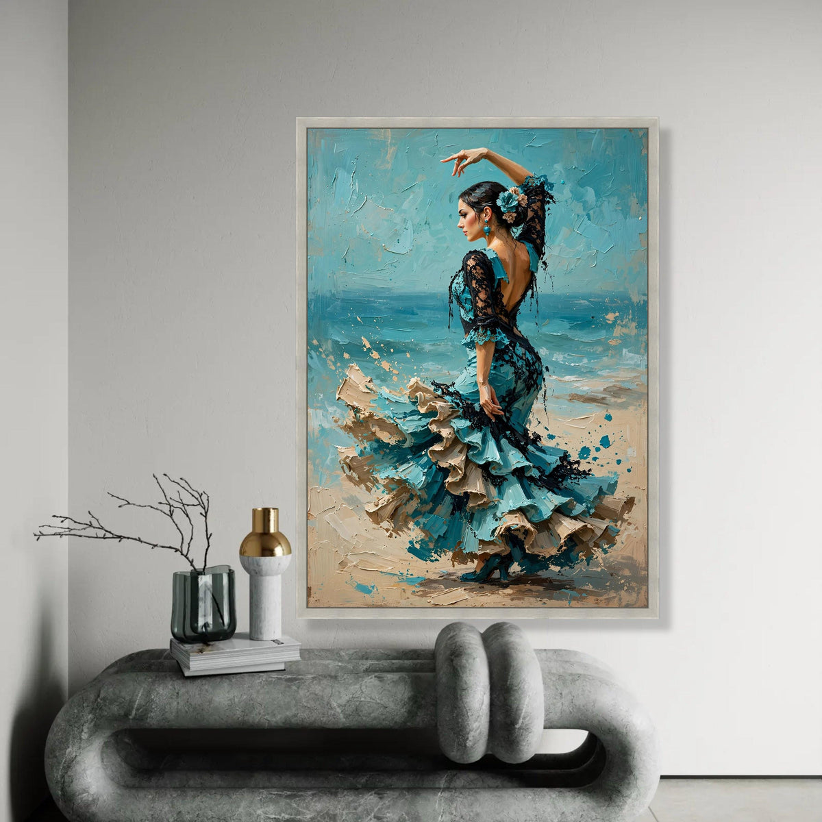 Elegant Flamenco Dancer Canvas Wall Art, Spanish Dance Portrait, Blue Dress Home Decoration, Feminine Movement Ready To Hang Decoration