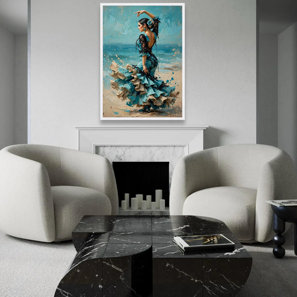 Elegant Flamenco Dancer Canvas Wall Art, Spanish Dance Portrait, Blue Dress Home Decoration, Feminine Movement Ready To Hang Decoration