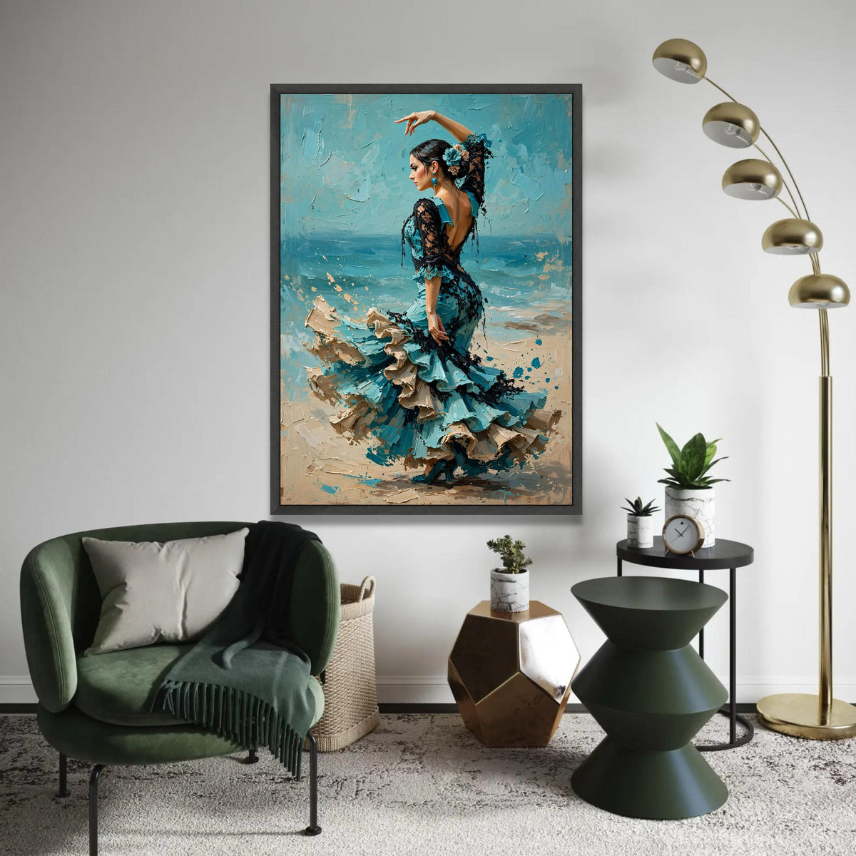 Elegant Flamenco Dancer Canvas Wall Art, Spanish Dance Portrait, Blue Dress Home Decoration, Feminine Movement Ready To Hang Decoration