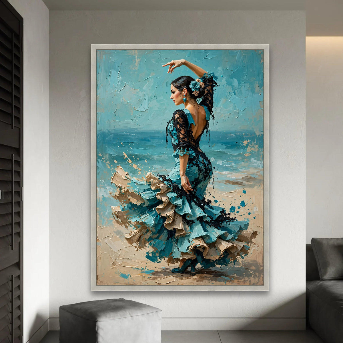 Elegant Flamenco Dancer Canvas Wall Art, Spanish Dance Portrait, Blue Dress Home Decoration, Feminine Movement Ready To Hang Decoration