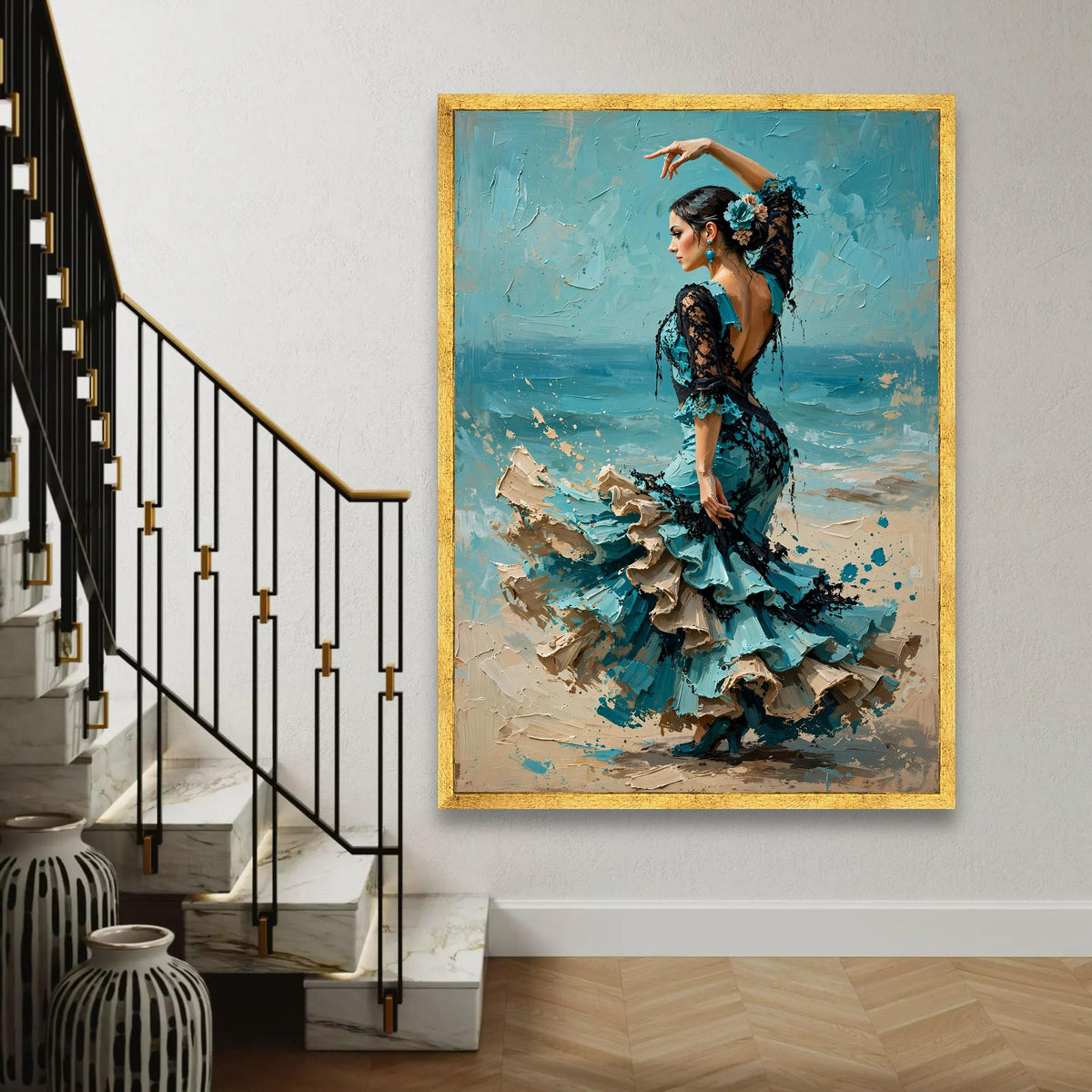 Elegant Flamenco Dancer Canvas Wall Art, Spanish Dance Portrait, Blue Dress Home Decoration, Feminine Movement Ready To Hang Decoration