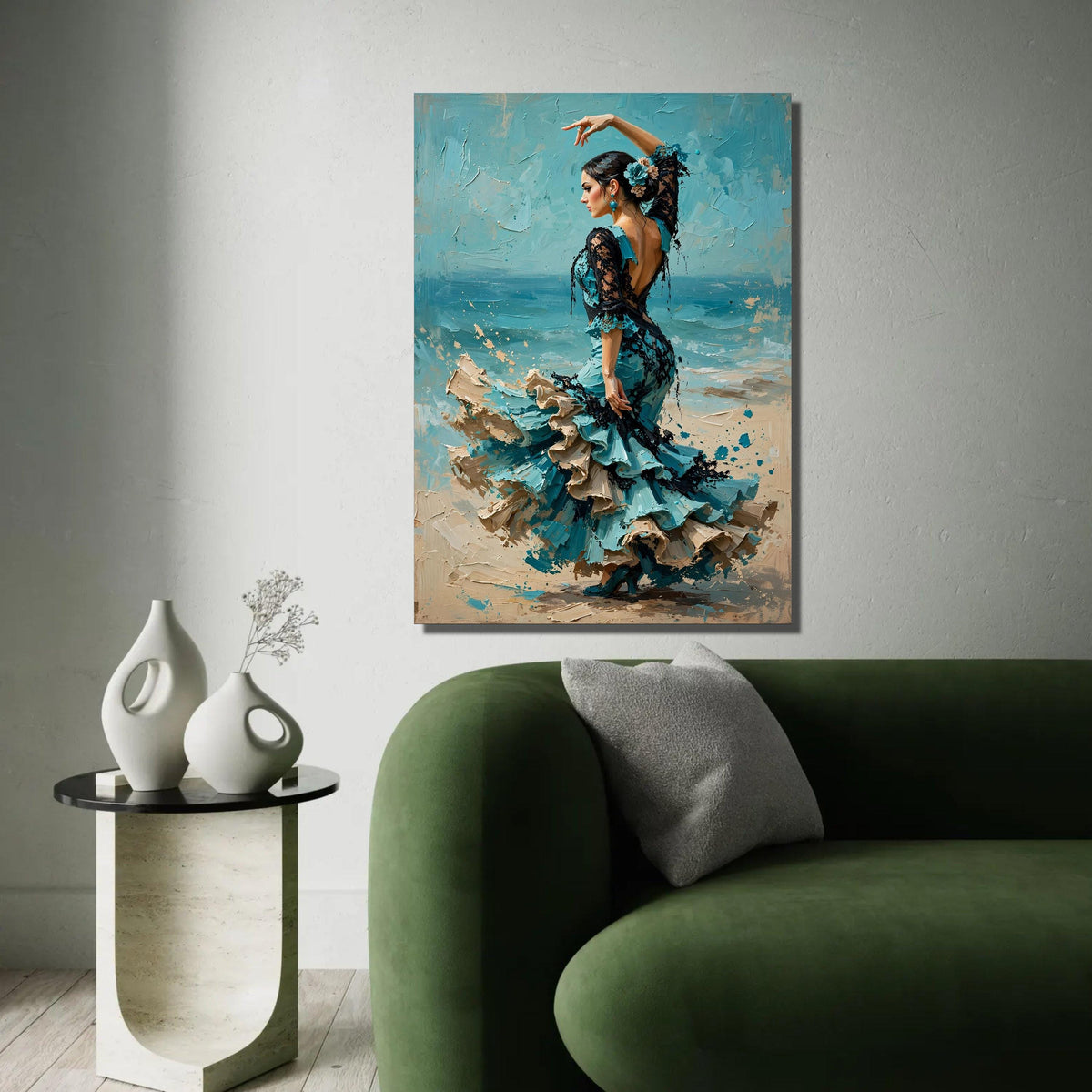 Elegant Flamenco Dancer Canvas Wall Art, Spanish Dance Portrait, Blue Dress Home Decoration, Feminine Movement Ready To Hang Decoration