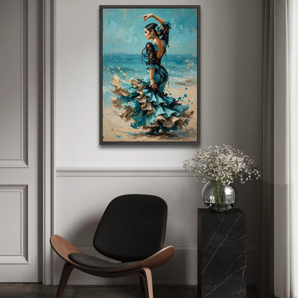 Elegant Flamenco Dancer Canvas Wall Art, Spanish Dance Portrait, Blue Dress Home Decoration, Feminine Movement Ready To Hang Decoration