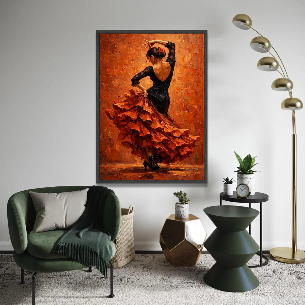 Flamenco Dancer Canvas Wall Art, Spanish Dance Canvas, Elegant Woman Black Dress, Vibrant Orange Background, Home Ready To Hang Decoration