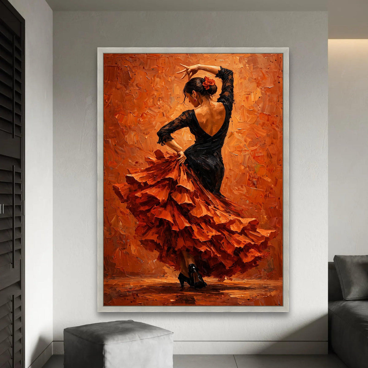 Flamenco Dancer Canvas Wall Art, Spanish Dance Canvas, Elegant Woman Black Dress, Vibrant Orange Background, Home Ready To Hang Decoration