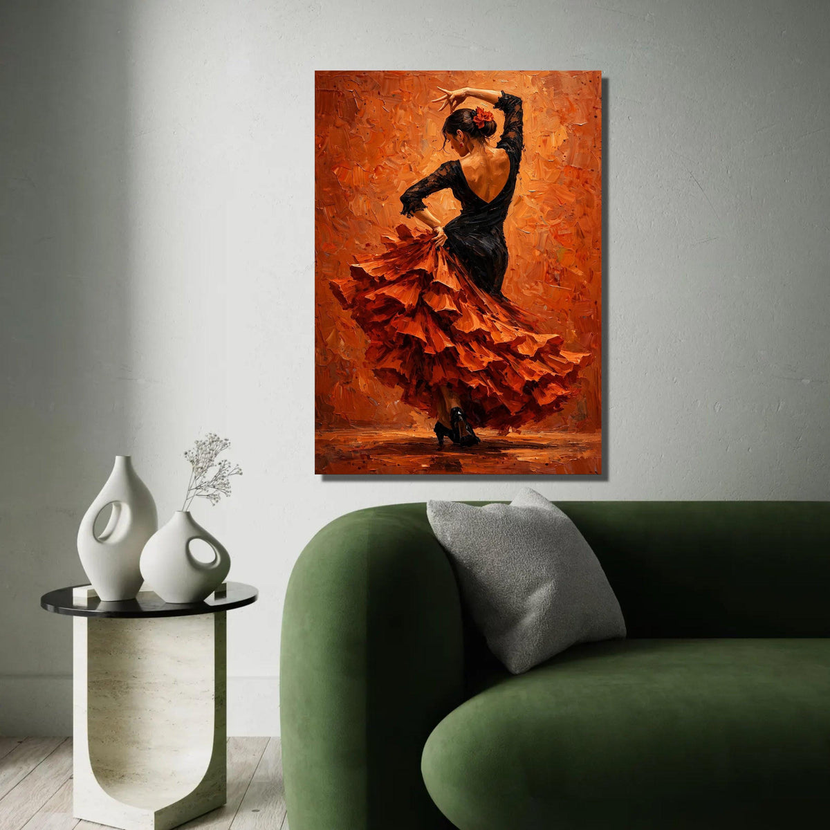 Flamenco Dancer Canvas Wall Art, Spanish Dance Canvas, Elegant Woman Black Dress, Vibrant Orange Background, Home Ready To Hang Decoration
