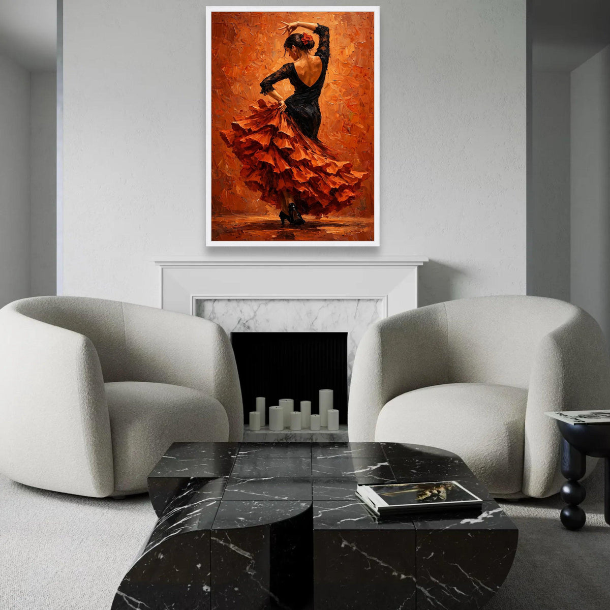 Flamenco Dancer Canvas Wall Art, Spanish Dance Canvas, Elegant Woman Black Dress, Vibrant Orange Background, Home Ready To Hang Decoration