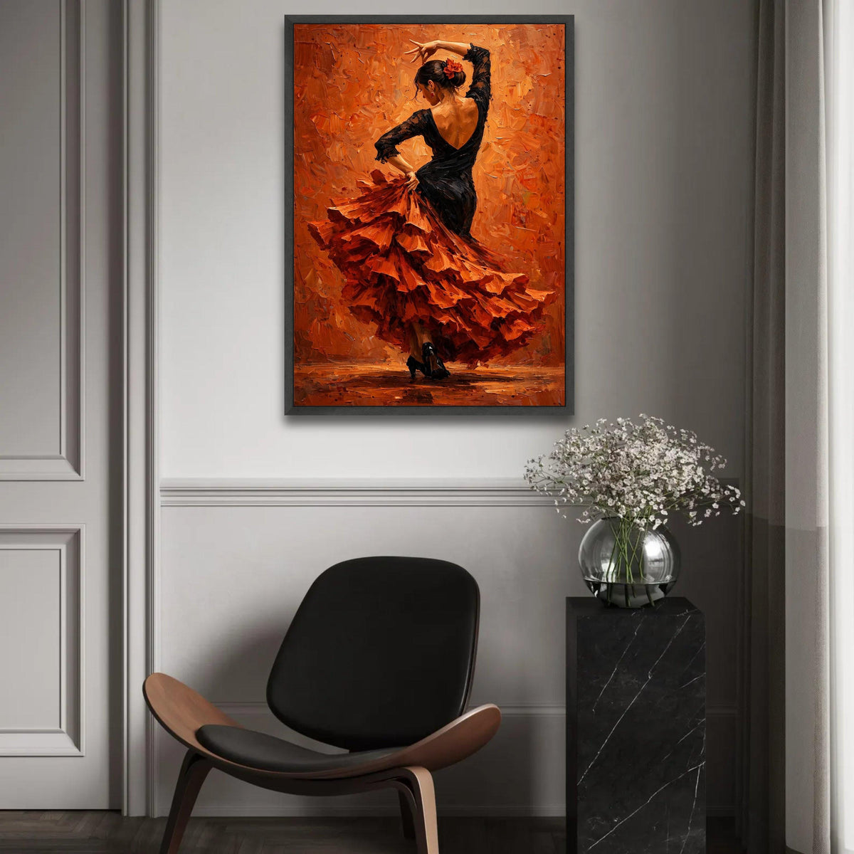 Flamenco Dancer Canvas Wall Art, Spanish Dance Canvas, Elegant Woman Black Dress, Vibrant Orange Background, Home Ready To Hang Decoration