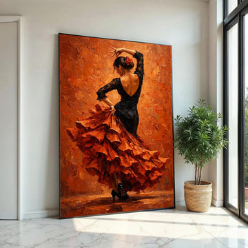 Flamenco Dancer Canvas Wall Art, Spanish Dance Canvas, Elegant Woman Black Dress, Vibrant Orange Background, Home Ready To Hang Decoration