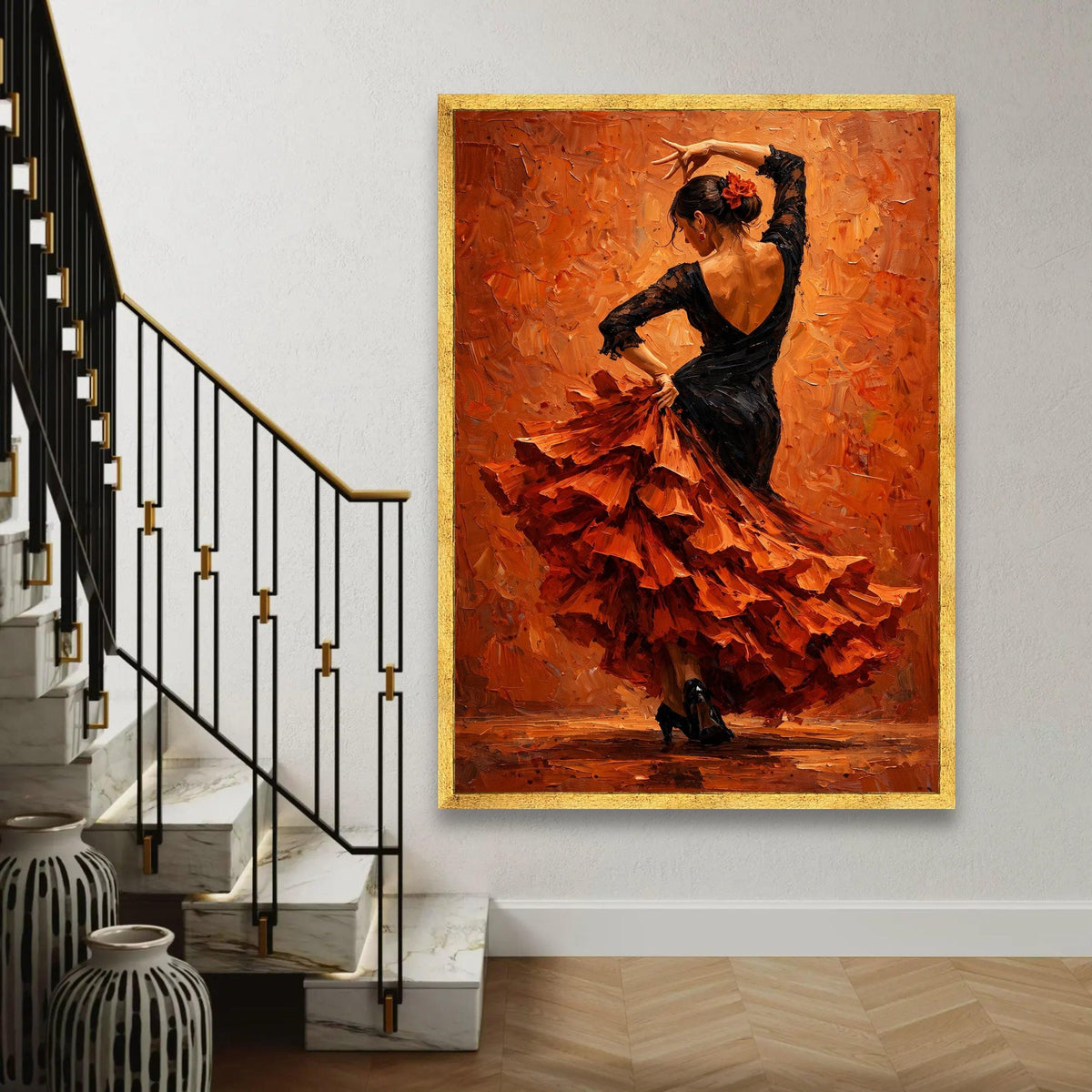 Flamenco Dancer Canvas Wall Art, Spanish Dance Canvas, Elegant Woman Black Dress, Vibrant Orange Background, Home Ready To Hang Decoration