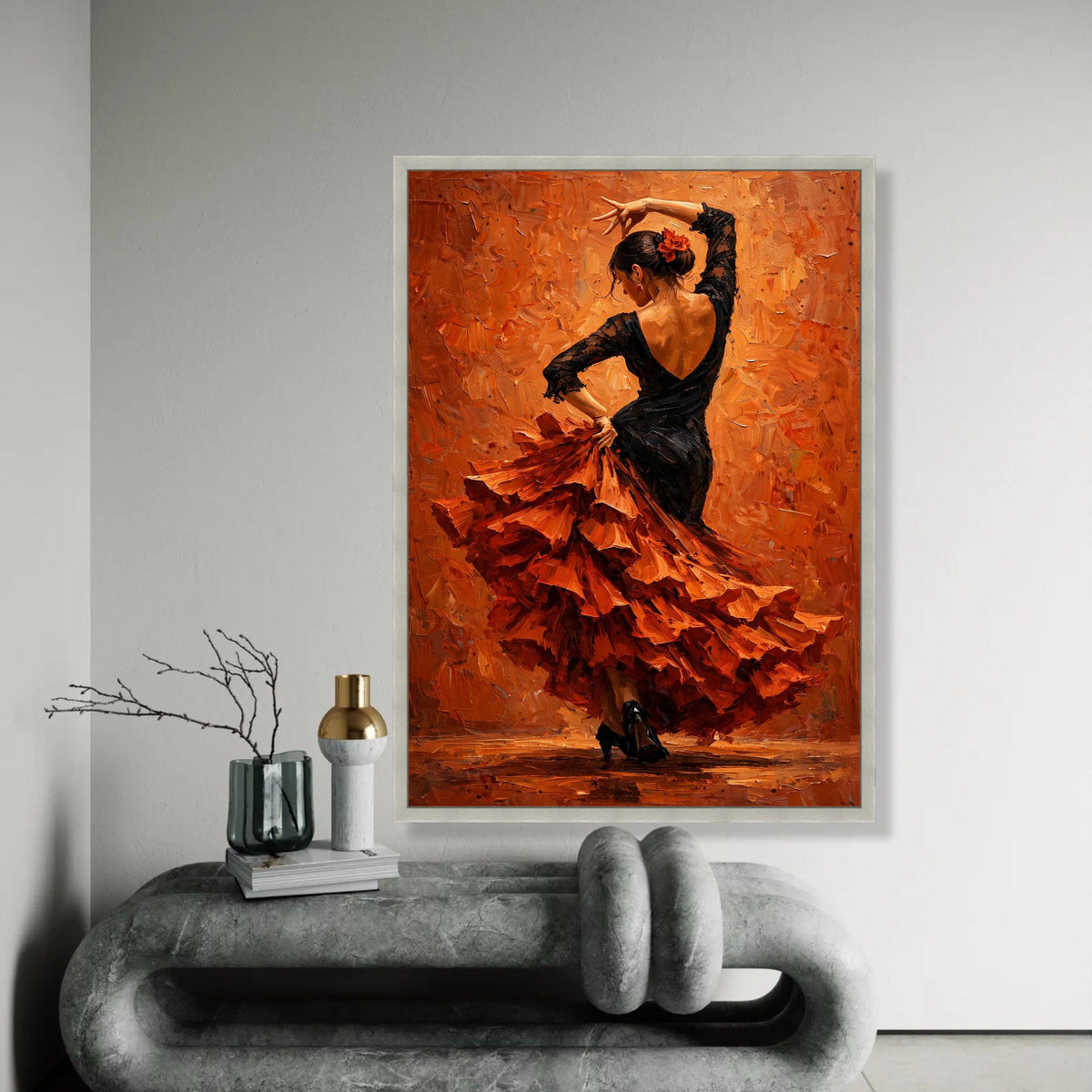 Flamenco Dancer Canvas Wall Art, Spanish Dance Canvas, Elegant Woman Black Dress, Vibrant Orange Background, Home Ready To Hang Decoration