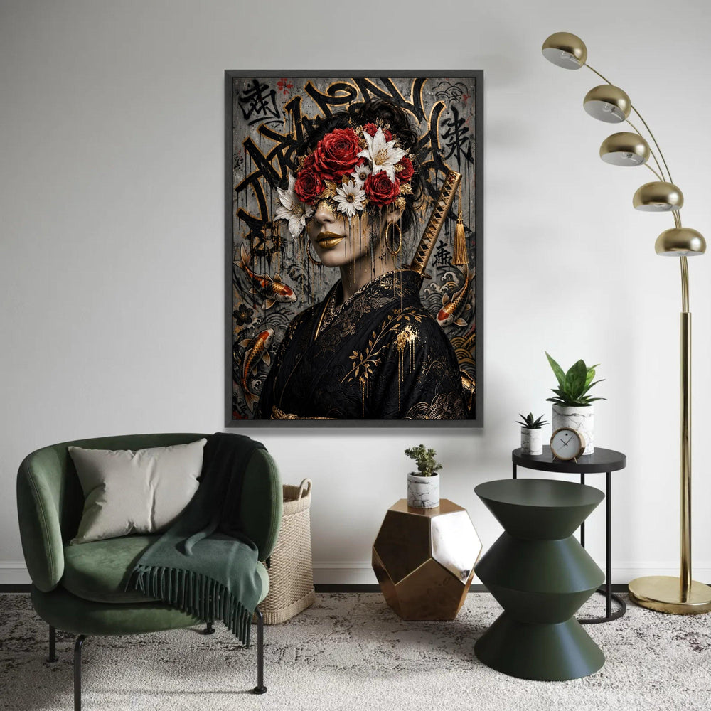 Elegant Geisha Portrait Canvas, Floral Face Art, Japanese Kimono Wall Art, Red Rose and White Lily Canvas, Gold Ready To Hang Decoration