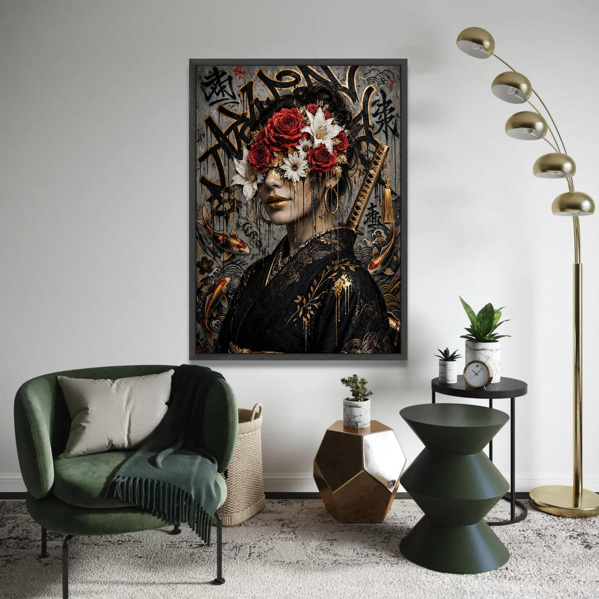 Elegant Geisha Portrait Canvas, Floral Face Art, Japanese Kimono Wall Art, Red Rose and White Lily Canvas, Gold Ready To Hang Decoration