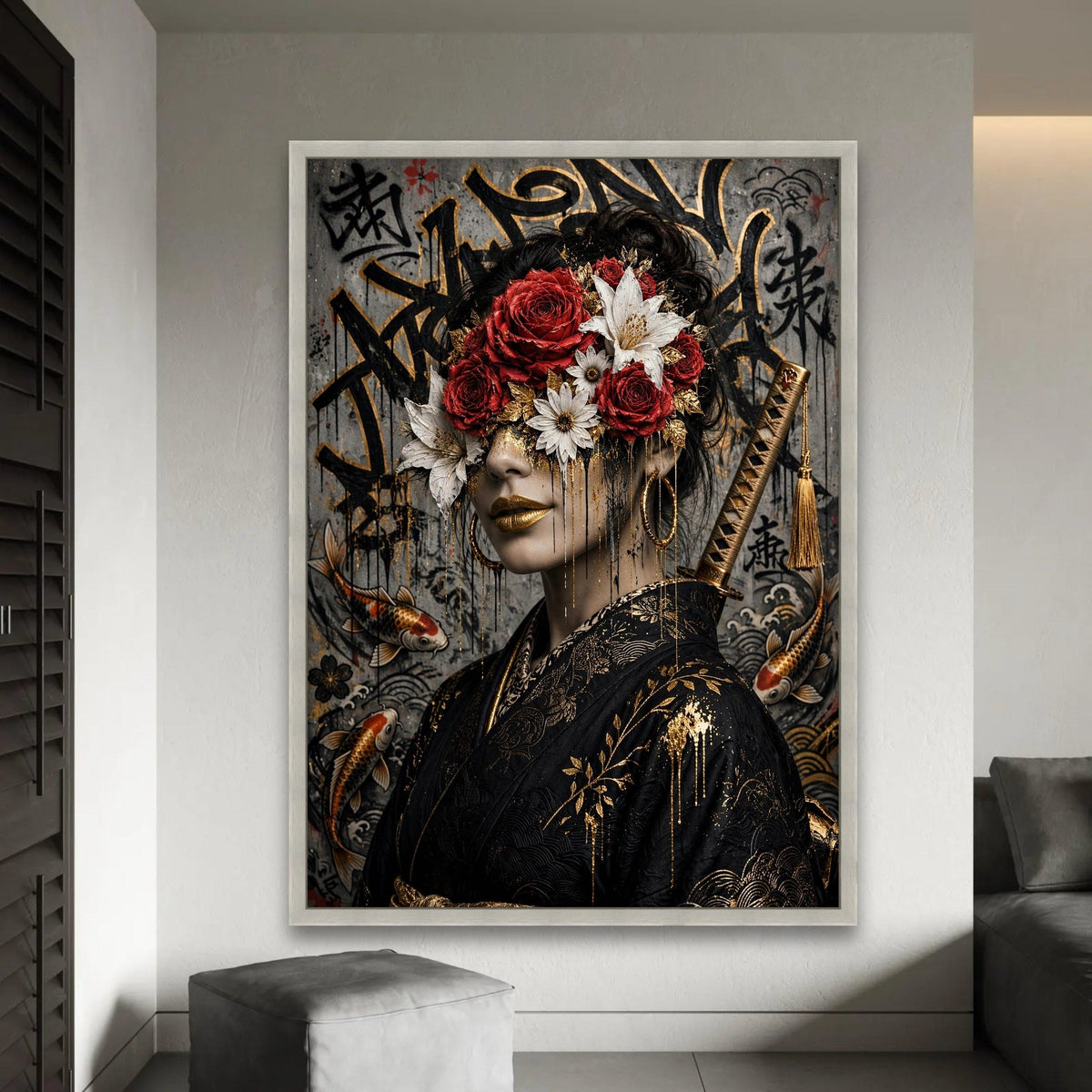 Elegant Geisha Portrait Canvas, Floral Face Art, Japanese Kimono Wall Art, Red Rose and White Lily Canvas, Gold Ready To Hang Decoration