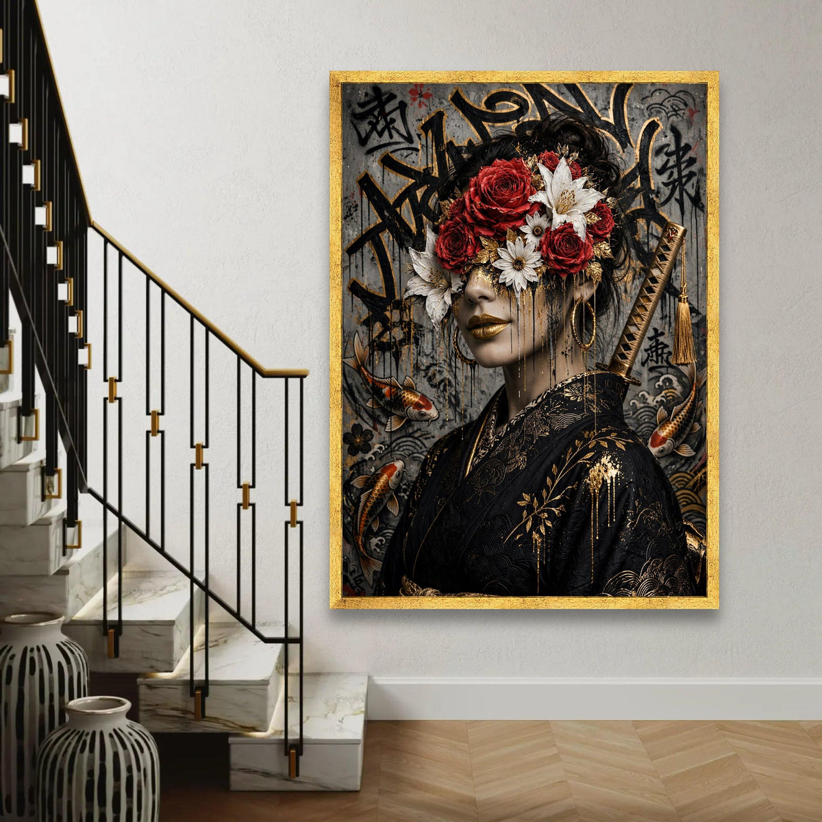 Elegant Geisha Portrait Canvas, Floral Face Art, Japanese Kimono Wall Art, Red Rose and White Lily Canvas, Gold Ready To Hang Decoration
