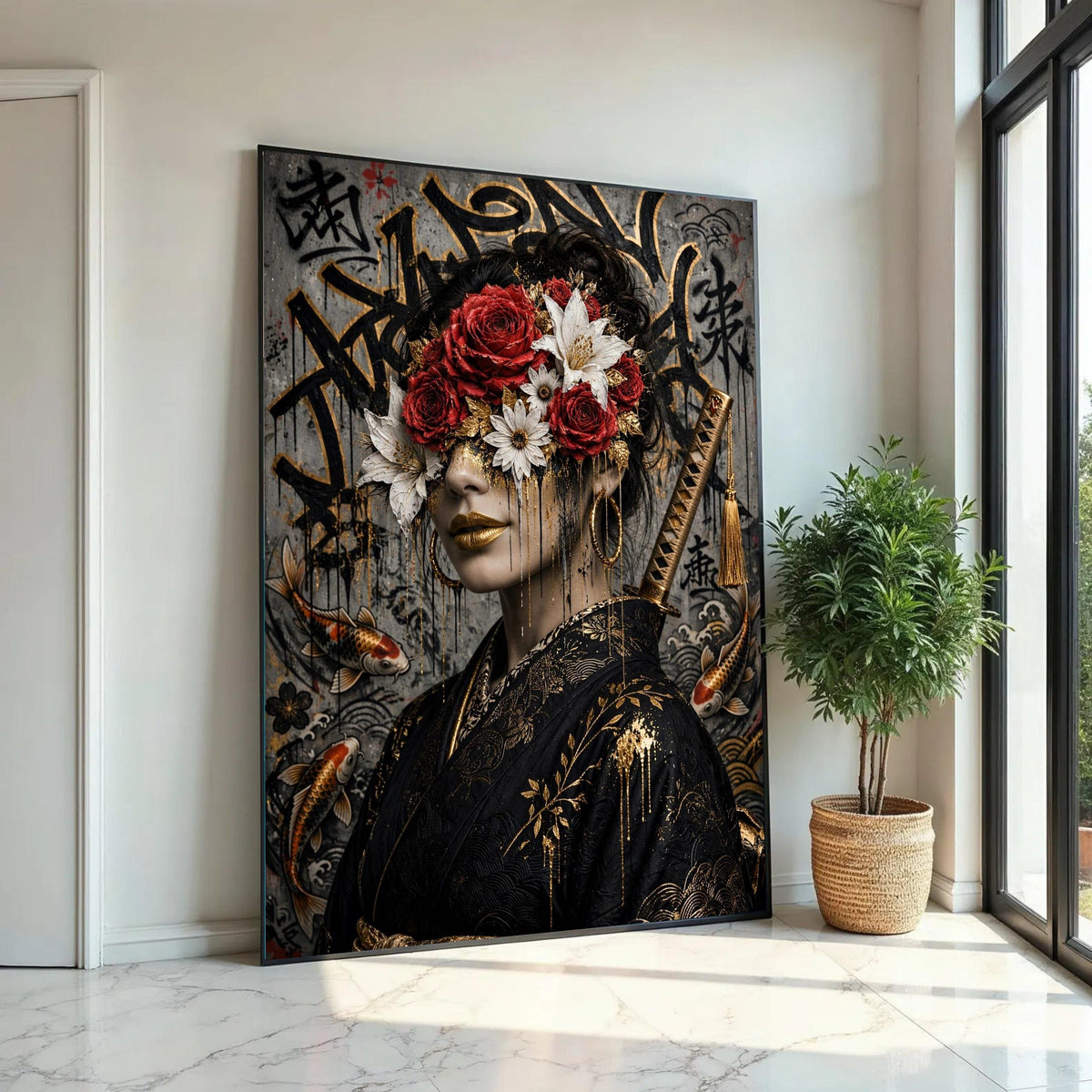 Elegant Geisha Portrait Canvas, Floral Face Art, Japanese Kimono Wall Art, Red Rose and White Lily Canvas, Gold Ready To Hang Decoration