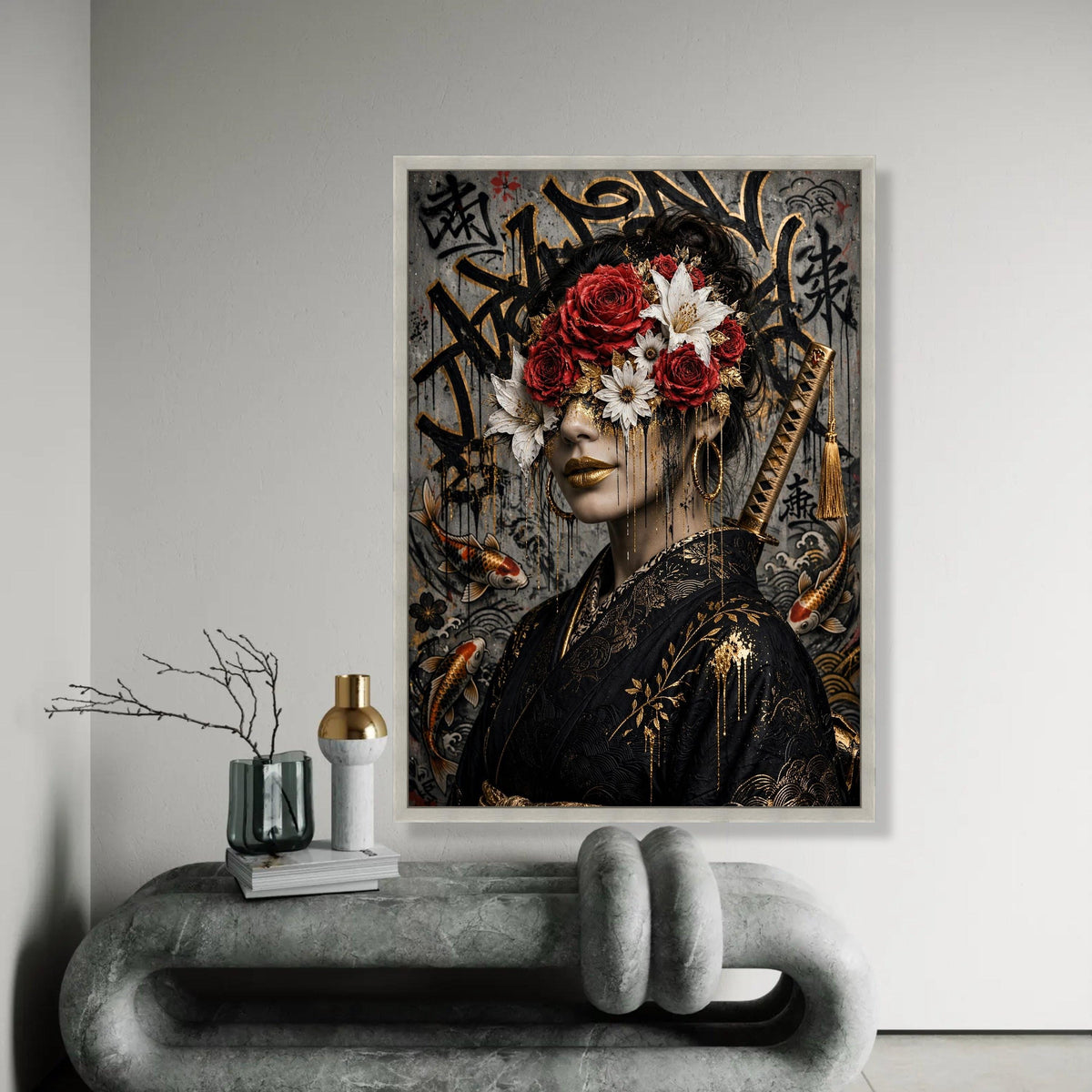 Elegant Geisha Portrait Canvas, Floral Face Art, Japanese Kimono Wall Art, Red Rose and White Lily Canvas, Gold Ready To Hang Decoration