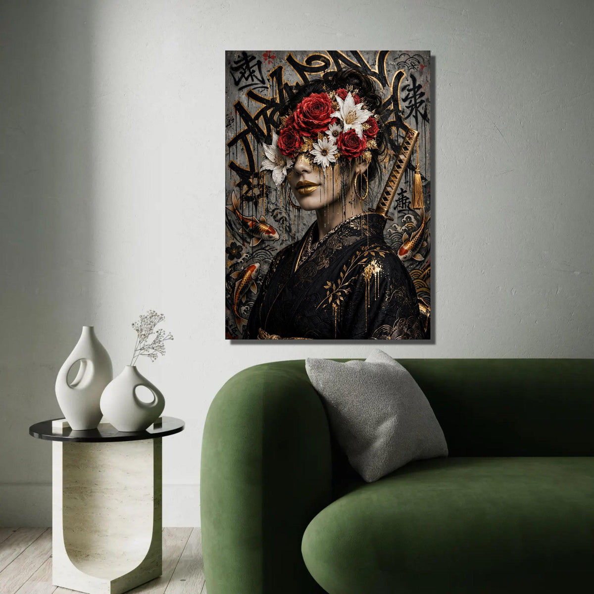 Elegant Geisha Portrait Canvas, Floral Face Art, Japanese Kimono Wall Art, Red Rose and White Lily Canvas, Gold Ready To Hang Decoration