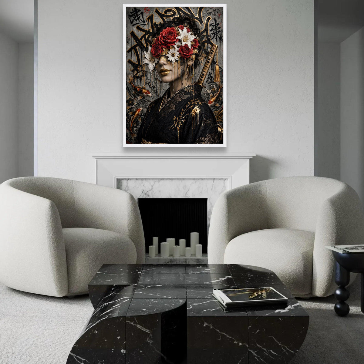 Elegant Geisha Portrait Canvas, Floral Face Art, Japanese Kimono Wall Art, Red Rose and White Lily Canvas, Gold Ready To Hang Decoration
