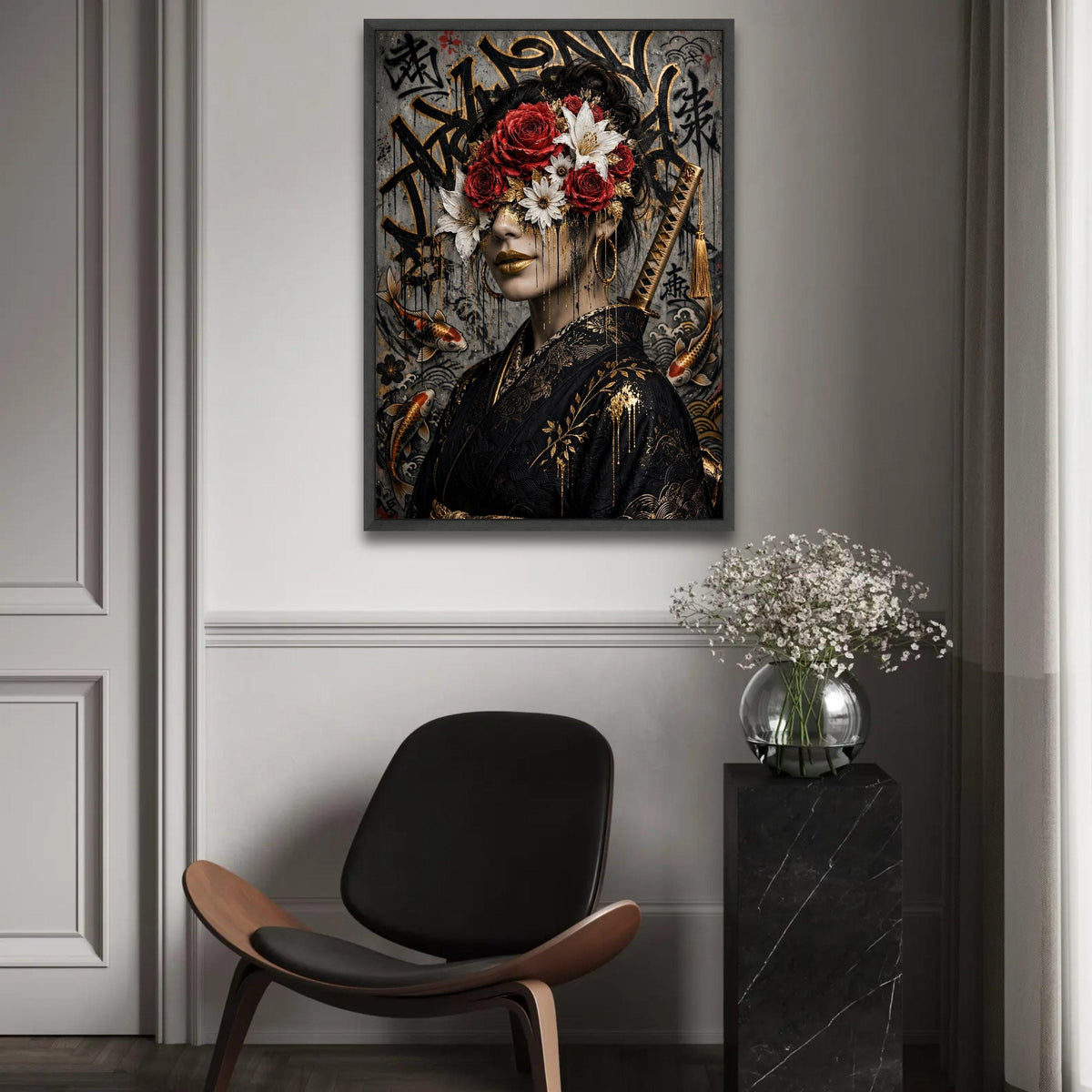Elegant Geisha Portrait Canvas, Floral Face Art, Japanese Kimono Wall Art, Red Rose and White Lily Canvas, Gold Ready To Hang Decoration