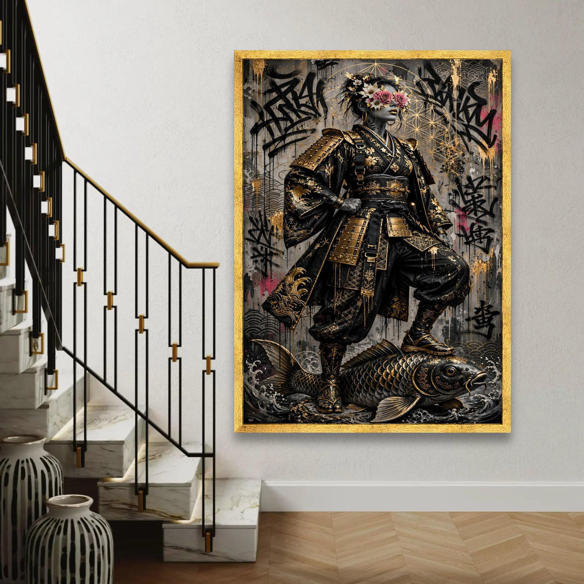 Golden Samurai Warrior Woman Canvas, Floral Mask Art, Urban Graffiti Background, Asian Armor Wall Decor, Bold Ready To Hang Decoration