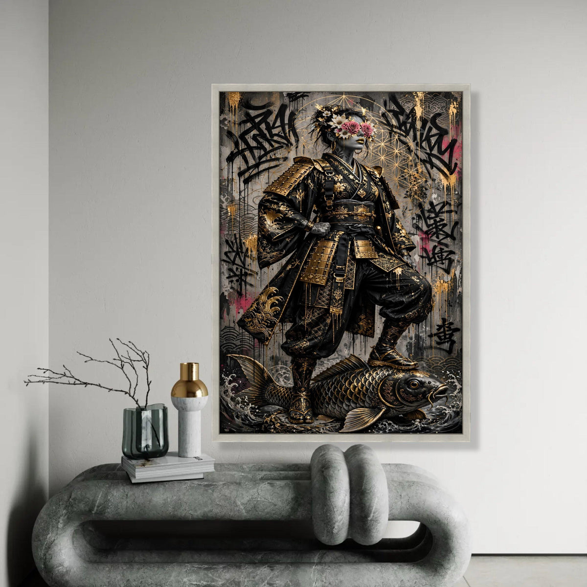 Golden Samurai Warrior Woman Canvas, Floral Mask Art, Urban Graffiti Background, Asian Armor Wall Decor, Bold Ready To Hang Decoration