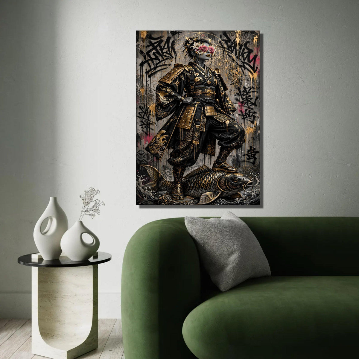 Golden Samurai Warrior Woman Canvas, Floral Mask Art, Urban Graffiti Background, Asian Armor Wall Decor, Bold Ready To Hang Decoration