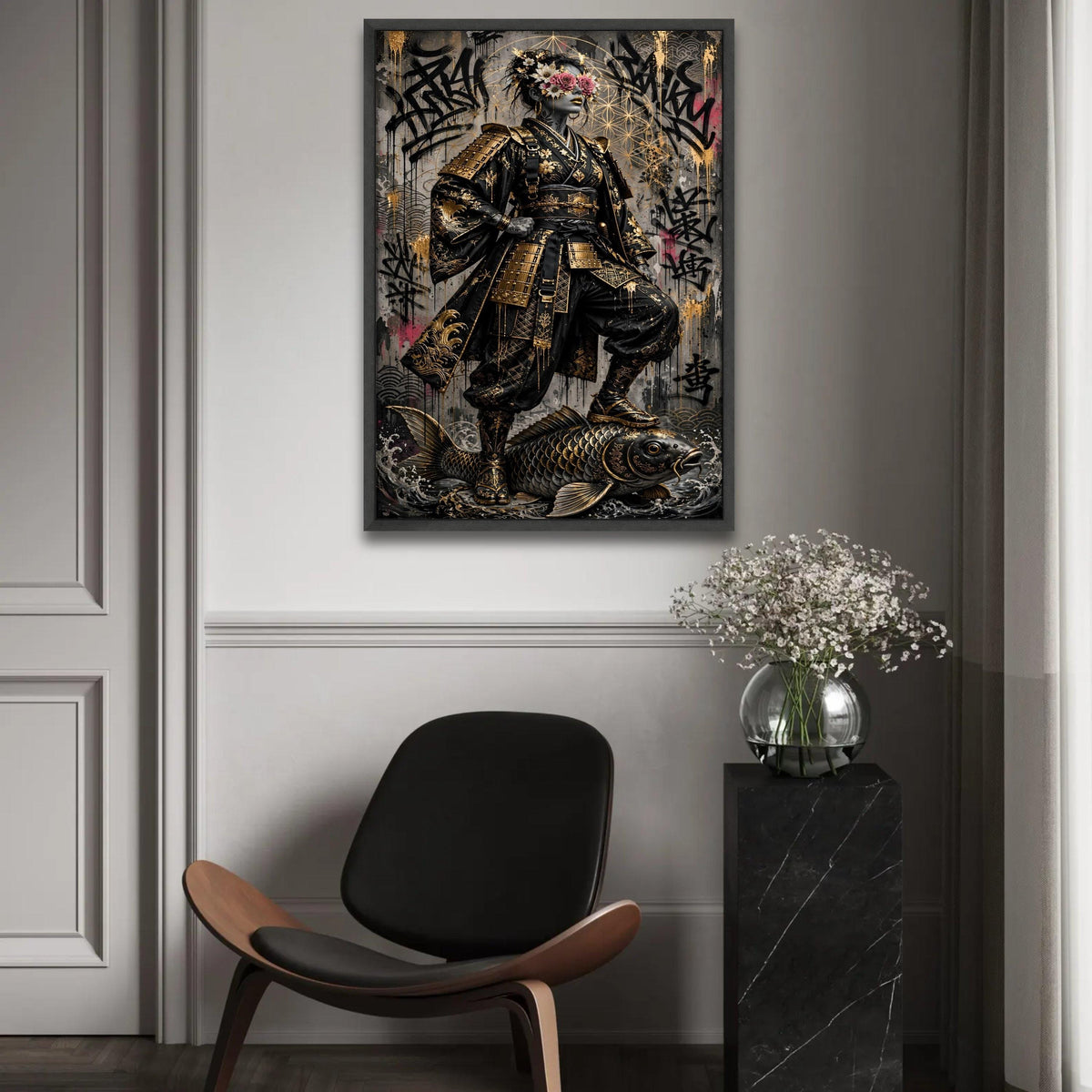 Golden Samurai Warrior Woman Canvas, Floral Mask Art, Urban Graffiti Background, Asian Armor Wall Decor, Bold Ready To Hang Decoration