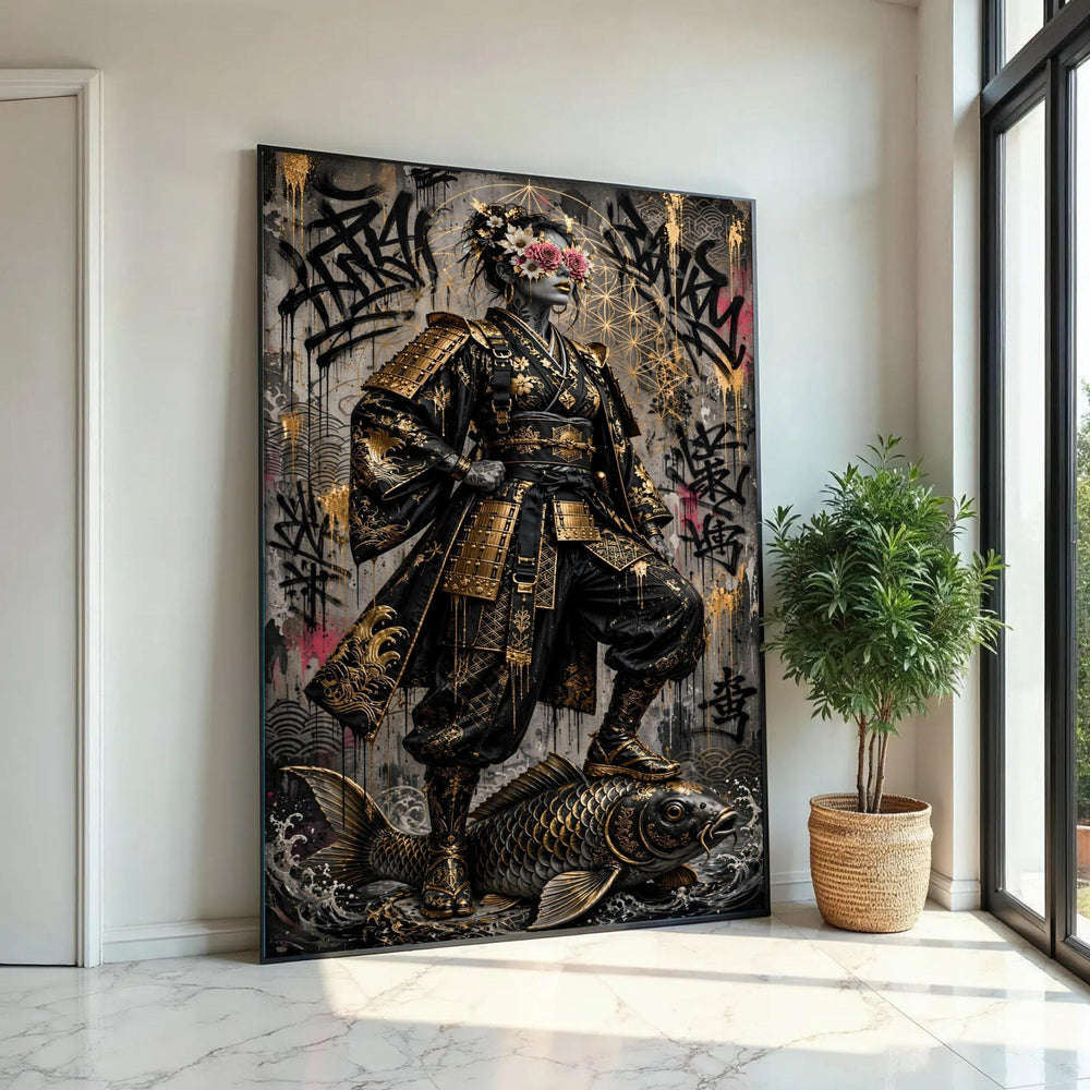 Golden Samurai Warrior Woman Canvas, Floral Mask Art, Urban Graffiti Background, Asian Armor Wall Decor, Bold Ready To Hang Decoration