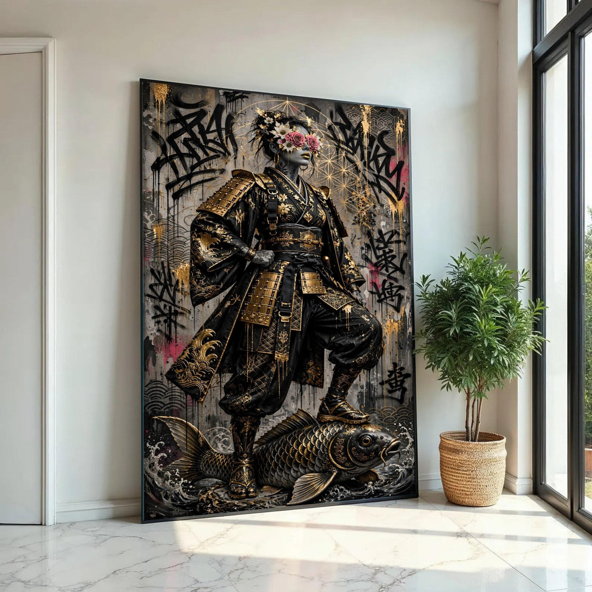 Golden Samurai Warrior Woman Canvas, Floral Mask Art, Urban Graffiti Background, Asian Armor Wall Decor, Bold Ready To Hang Decoration