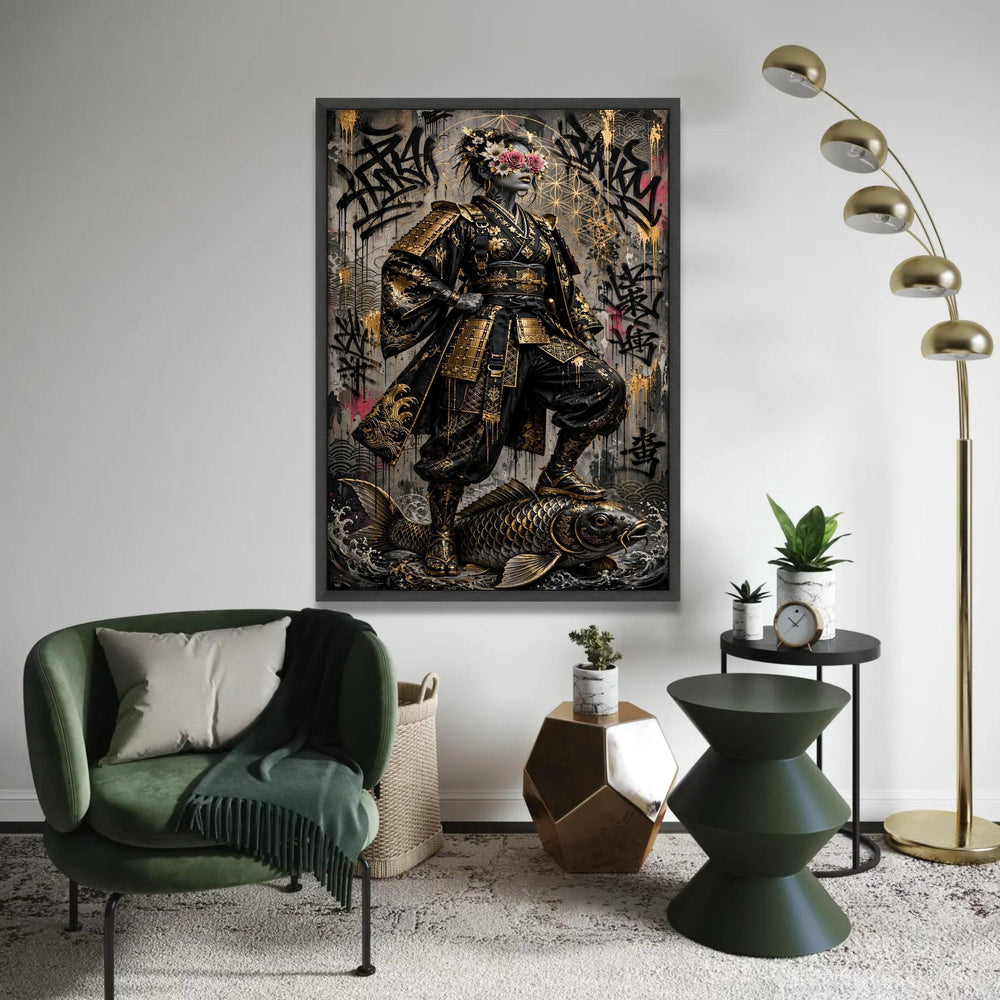 Golden Samurai Warrior Woman Canvas, Floral Mask Art, Urban Graffiti Background, Asian Armor Wall Decor, Bold Ready To Hang Decoration