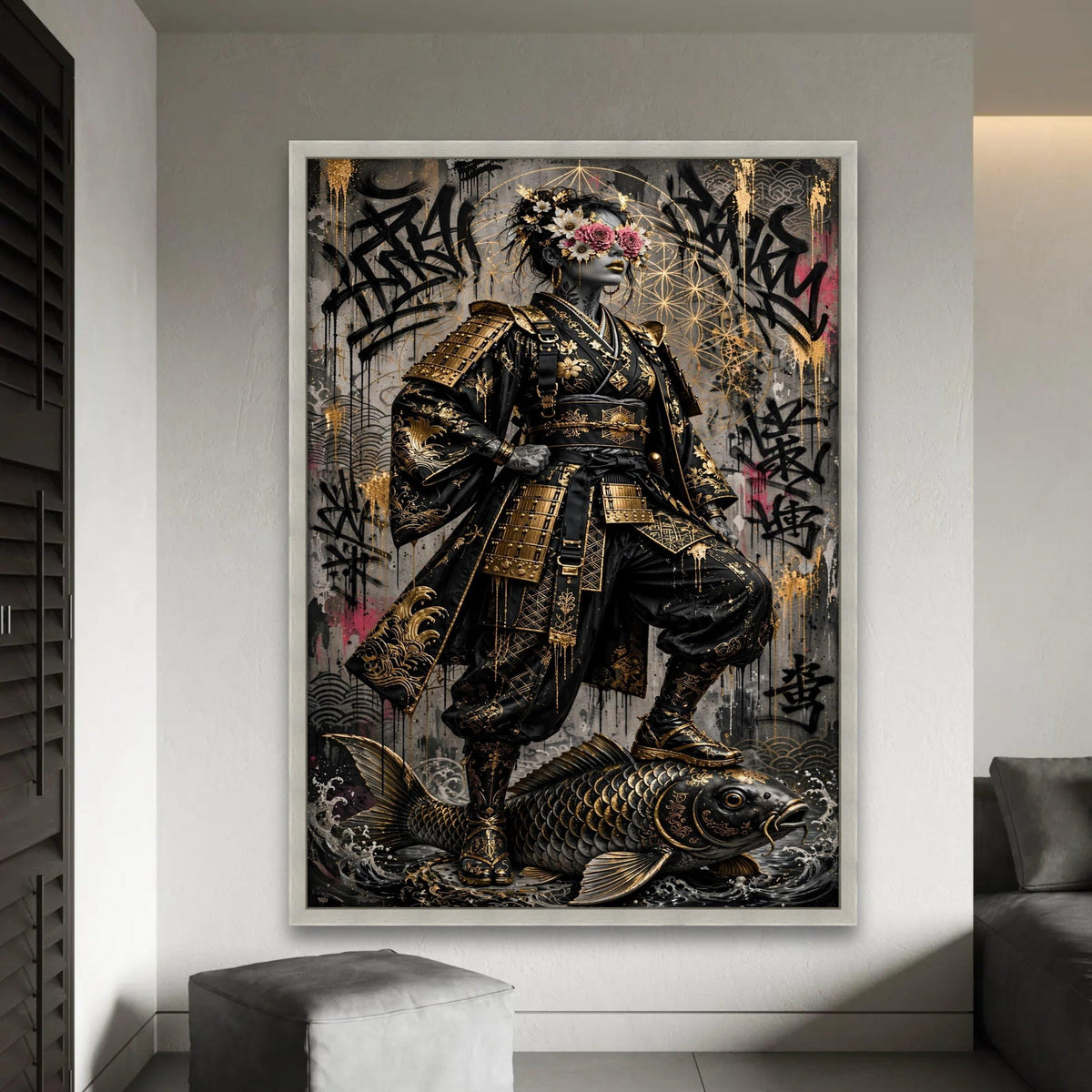 Golden Samurai Warrior Woman Canvas, Floral Mask Art, Urban Graffiti Background, Asian Armor Wall Decor, Bold Ready To Hang Decoration