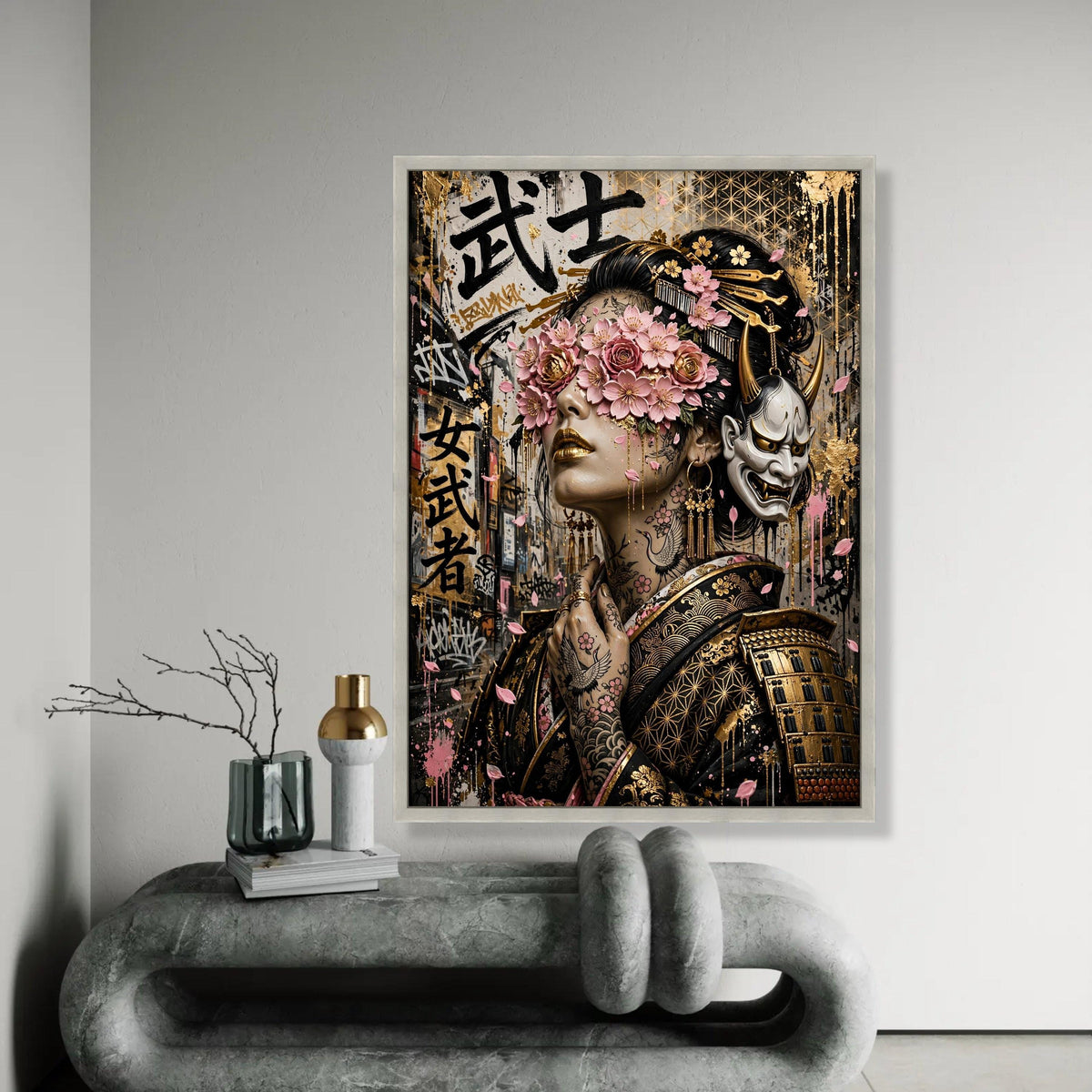 Blossoming Geisha Portrait Canvas, Japanese Floral Wall Art, Gold Accent Samurai Design, Tattoo Art Canvas, Ready To Hang Decoration