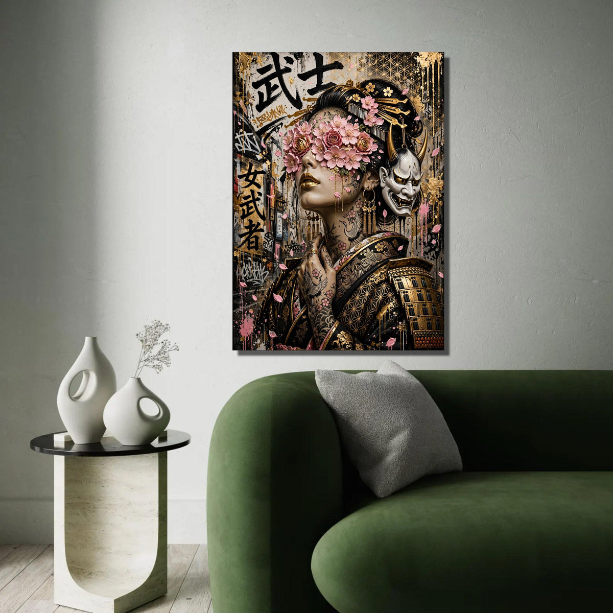 Blossoming Geisha Portrait Canvas, Japanese Floral Wall Art, Gold Accent Samurai Design, Tattoo Art Canvas, Ready To Hang Decoration