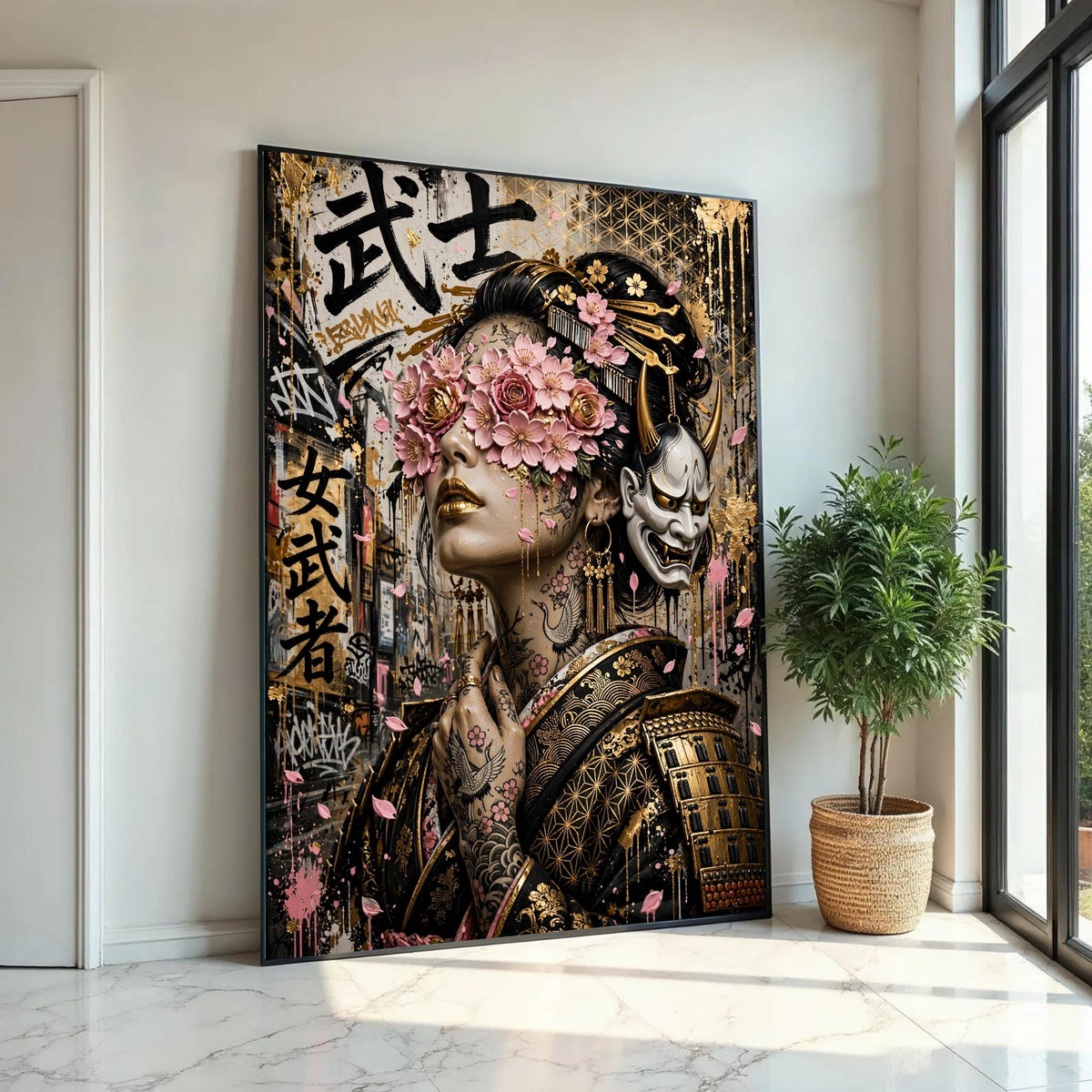 Blossoming Geisha Portrait Canvas, Japanese Floral Wall Art, Gold Accent Samurai Design, Tattoo Art Canvas, Ready To Hang Decoration