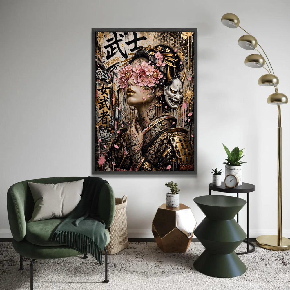 Blossoming Geisha Portrait Canvas, Japanese Floral Wall Art, Gold Accent Samurai Design, Tattoo Art Canvas, Ready To Hang Decoration