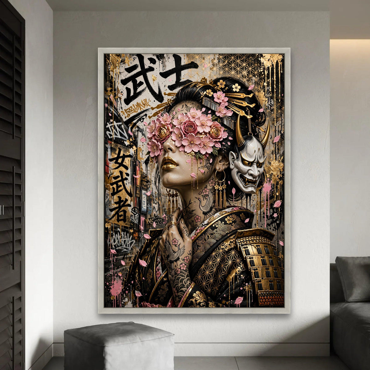Blossoming Geisha Portrait Canvas, Japanese Floral Wall Art, Gold Accent Samurai Design, Tattoo Art Canvas, Ready To Hang Decoration