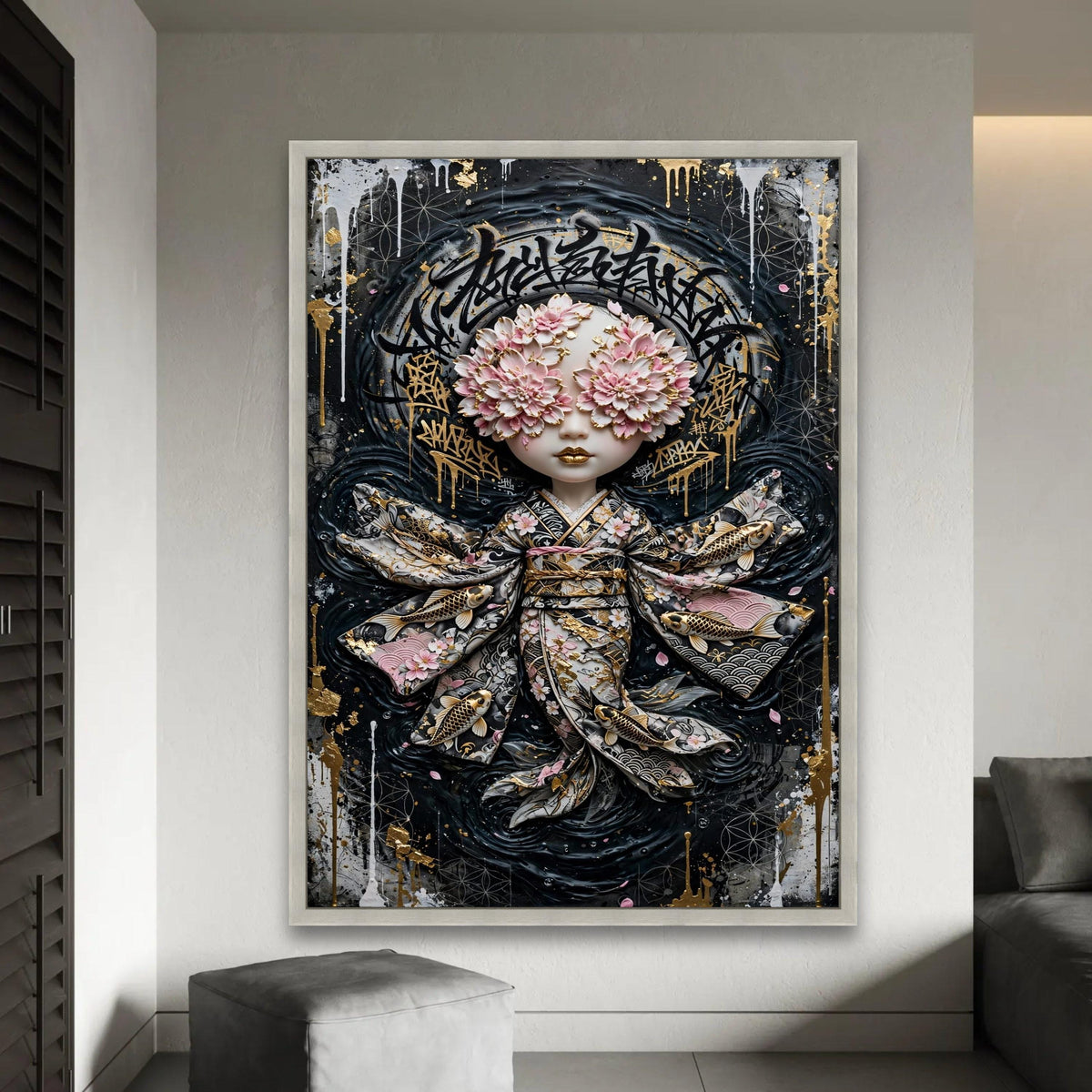 Floral Masked Geisha Doll Canvas, Japanese Kimono Wall Art, Gold Accent Illustration, Modern Asian Decor, Unique Ready To Hang Decoration