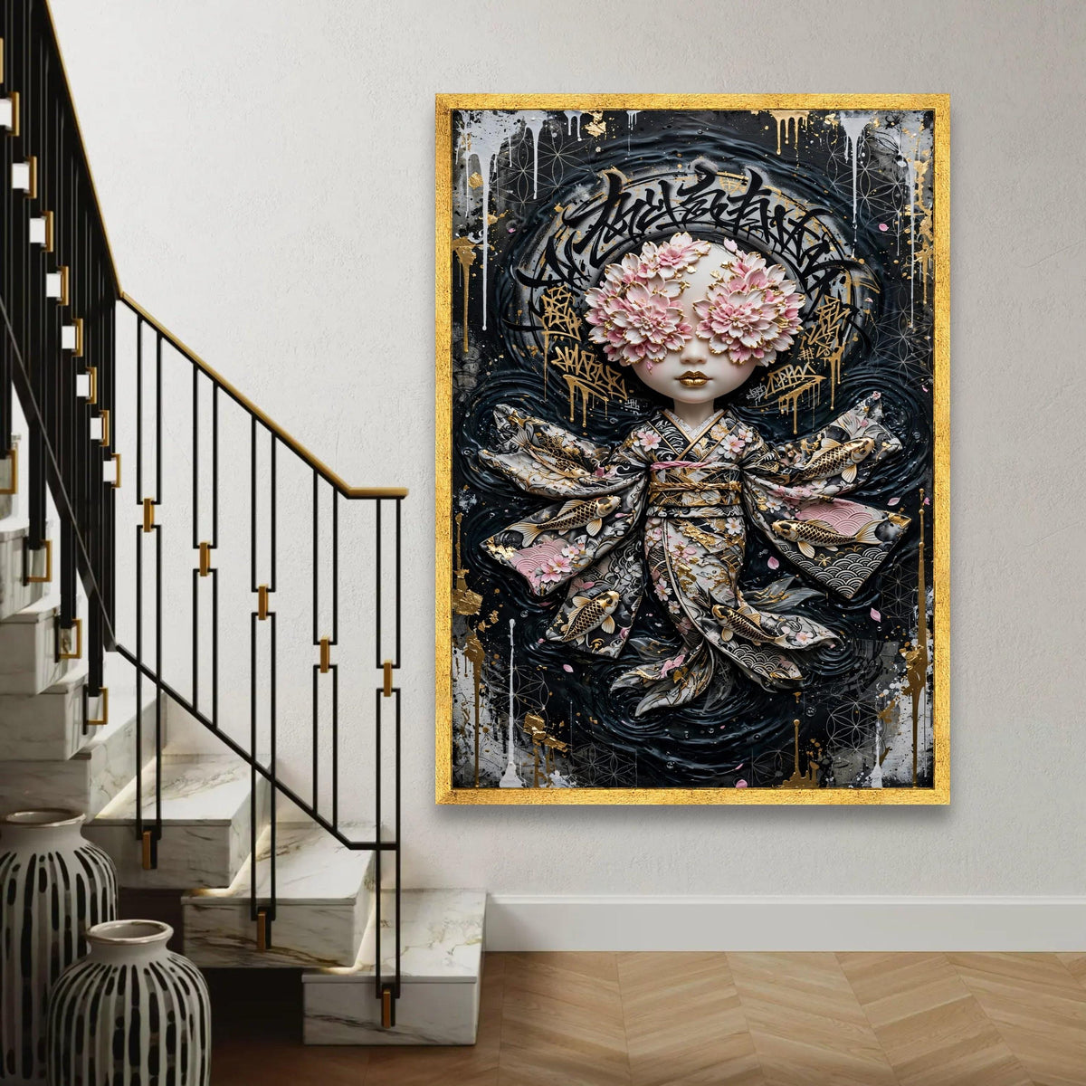 Floral Masked Geisha Doll Canvas, Japanese Kimono Wall Art, Gold Accent Illustration, Modern Asian Decor, Unique Ready To Hang Decoration