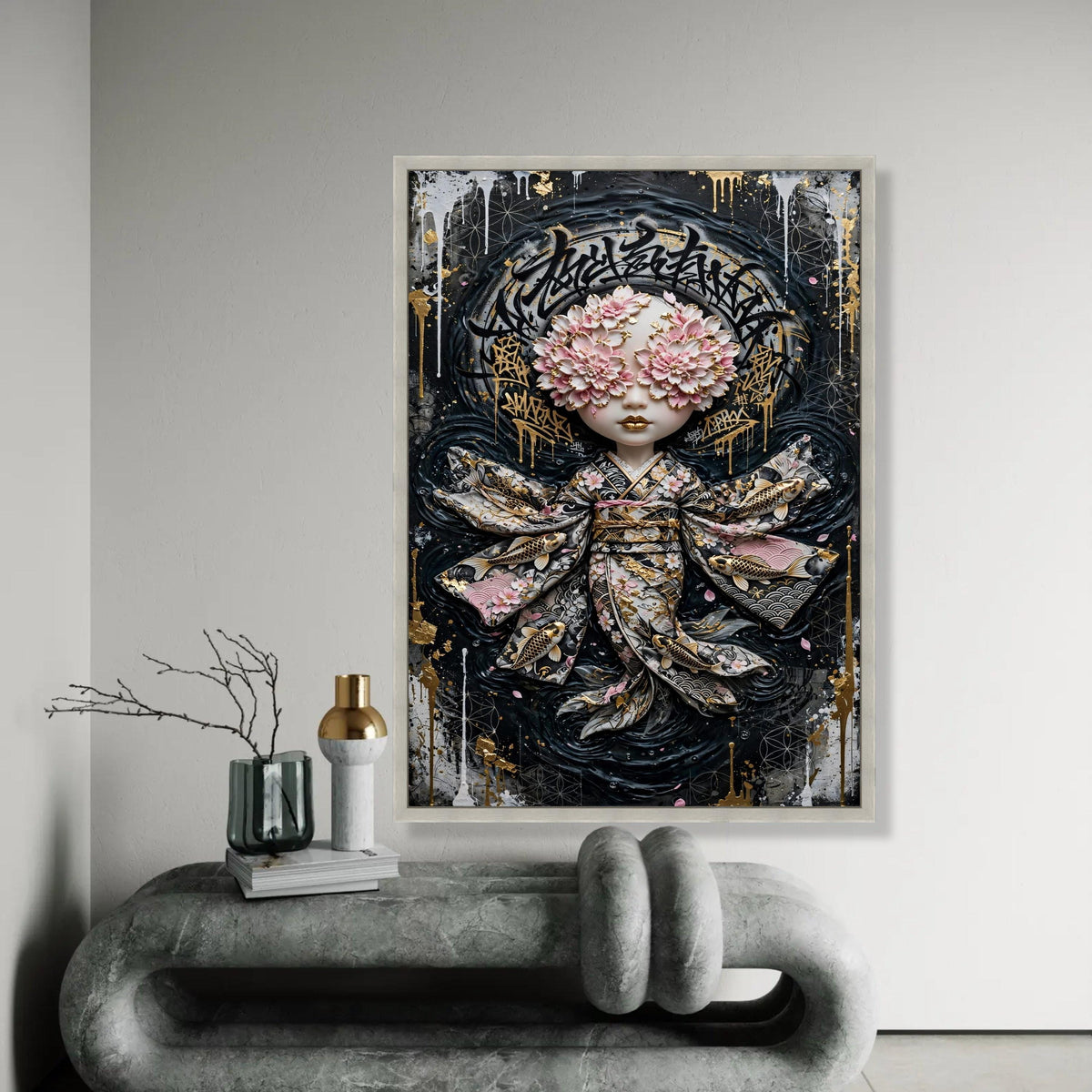 Floral Masked Geisha Doll Canvas, Japanese Kimono Wall Art, Gold Accent Illustration, Modern Asian Decor, Unique Ready To Hang Decoration