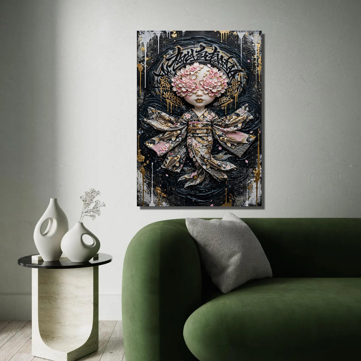 Floral Masked Geisha Doll Canvas, Japanese Kimono Wall Art, Gold Accent Illustration, Modern Asian Decor, Unique Ready To Hang Decoration